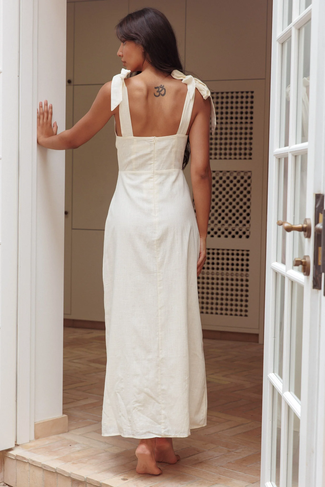 Mykonos Morning Tied Shoulder Maxi Dress Embroidered Beige - Image 3