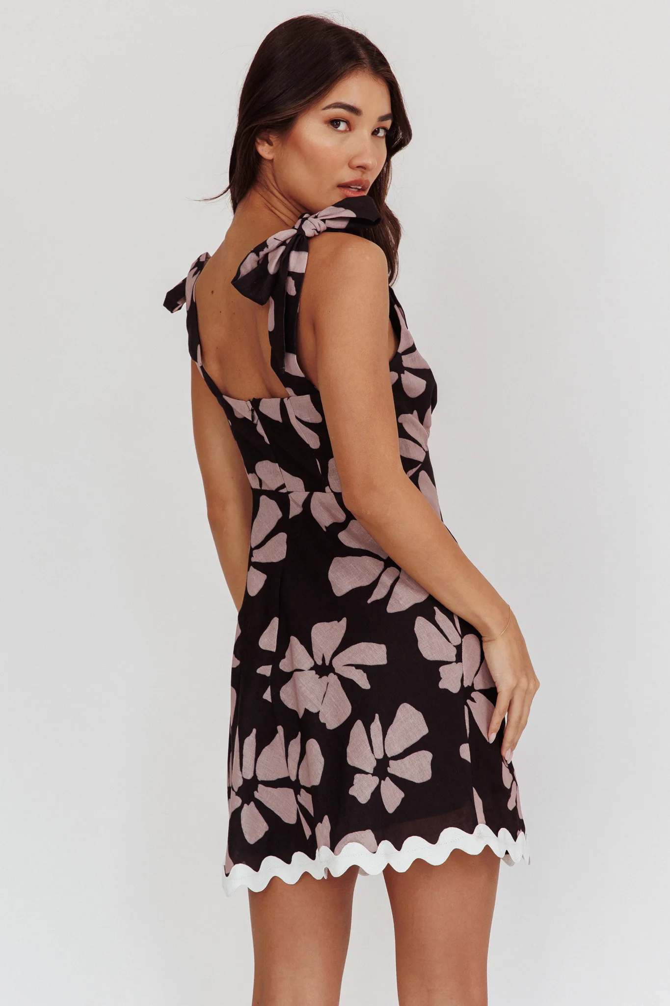 Mykonos Morning Tied Shoulder Mini Dress Floral Black - Image 3