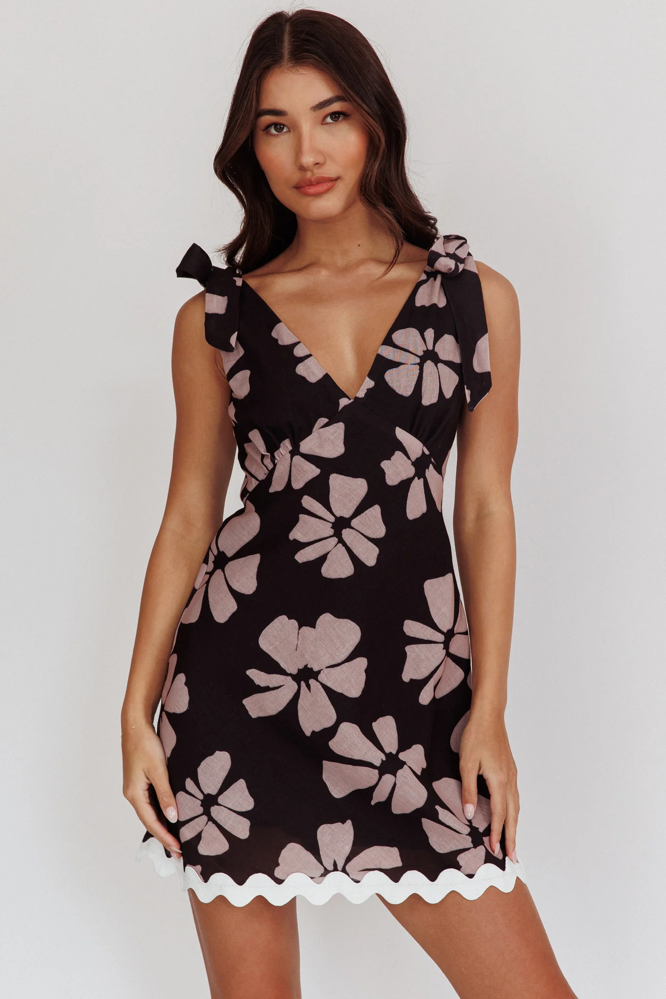Mykonos Morning Tied Shoulder Mini Dress Floral Black - Image 6