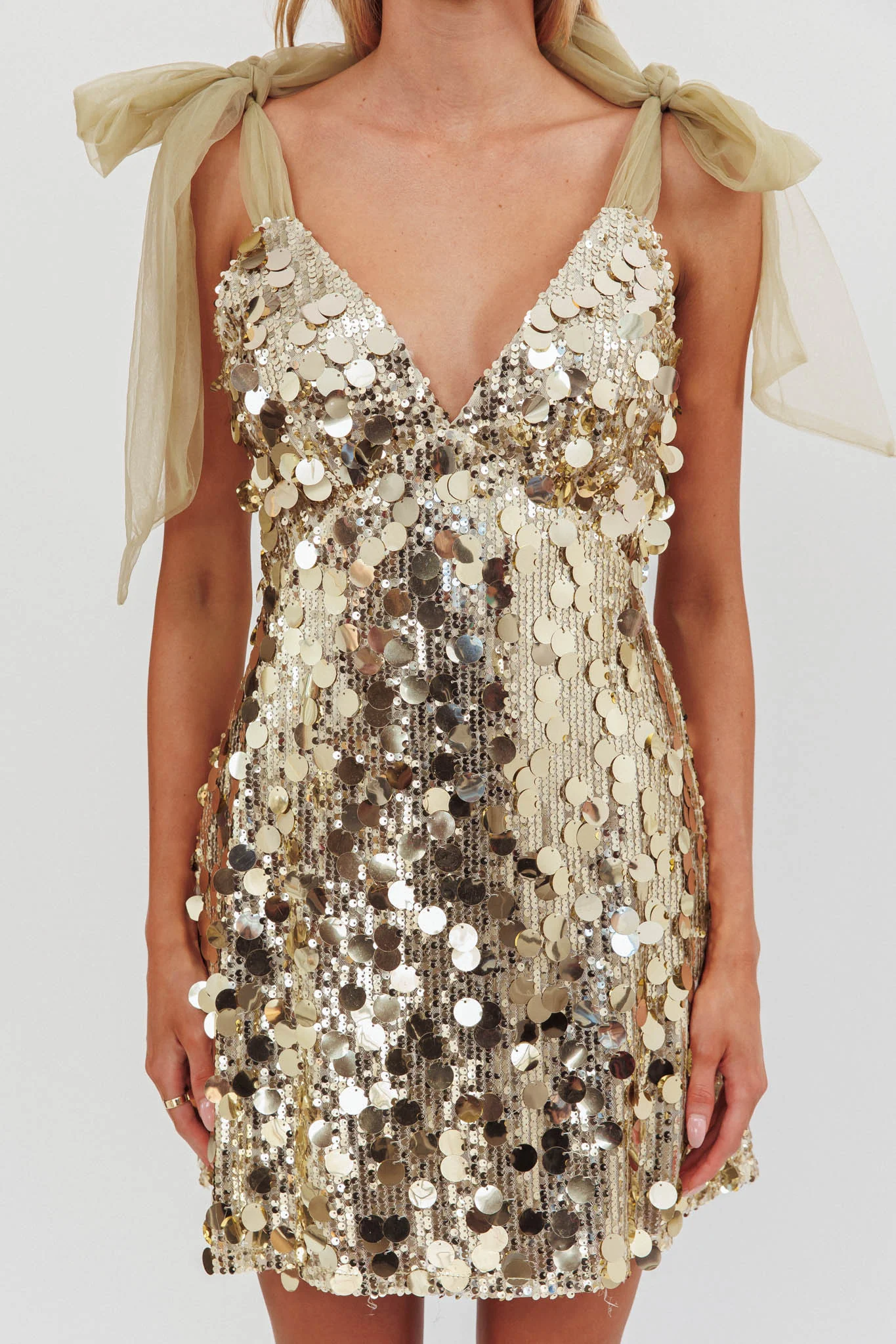 Mykonos Morning Tied Shoulder Sequin Mini Dress Gold - Image 4