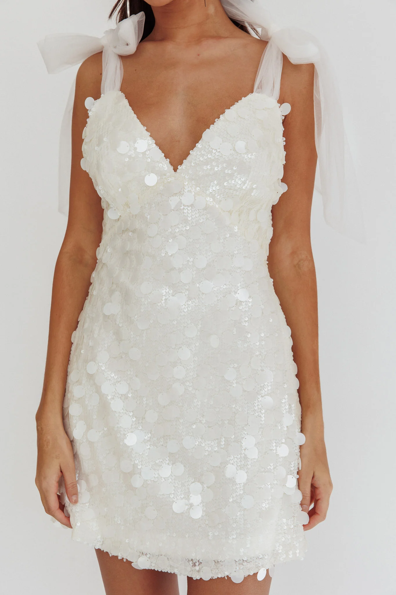 Mykonos Morning Tied Shoulder Sequin Mini Dress White - Image 3
