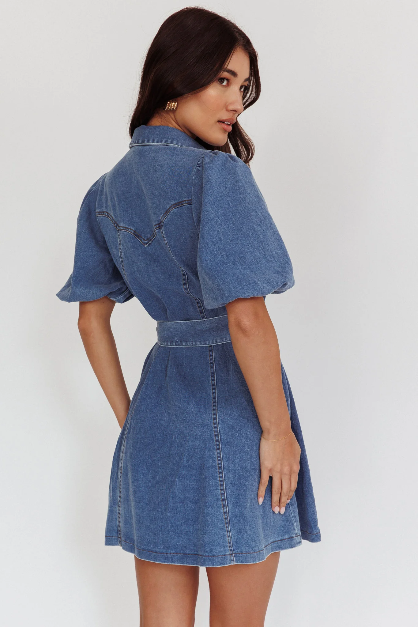 Myleigh Puff Sleeve Waist Tie Mini Dress Denim Blue - Image 2