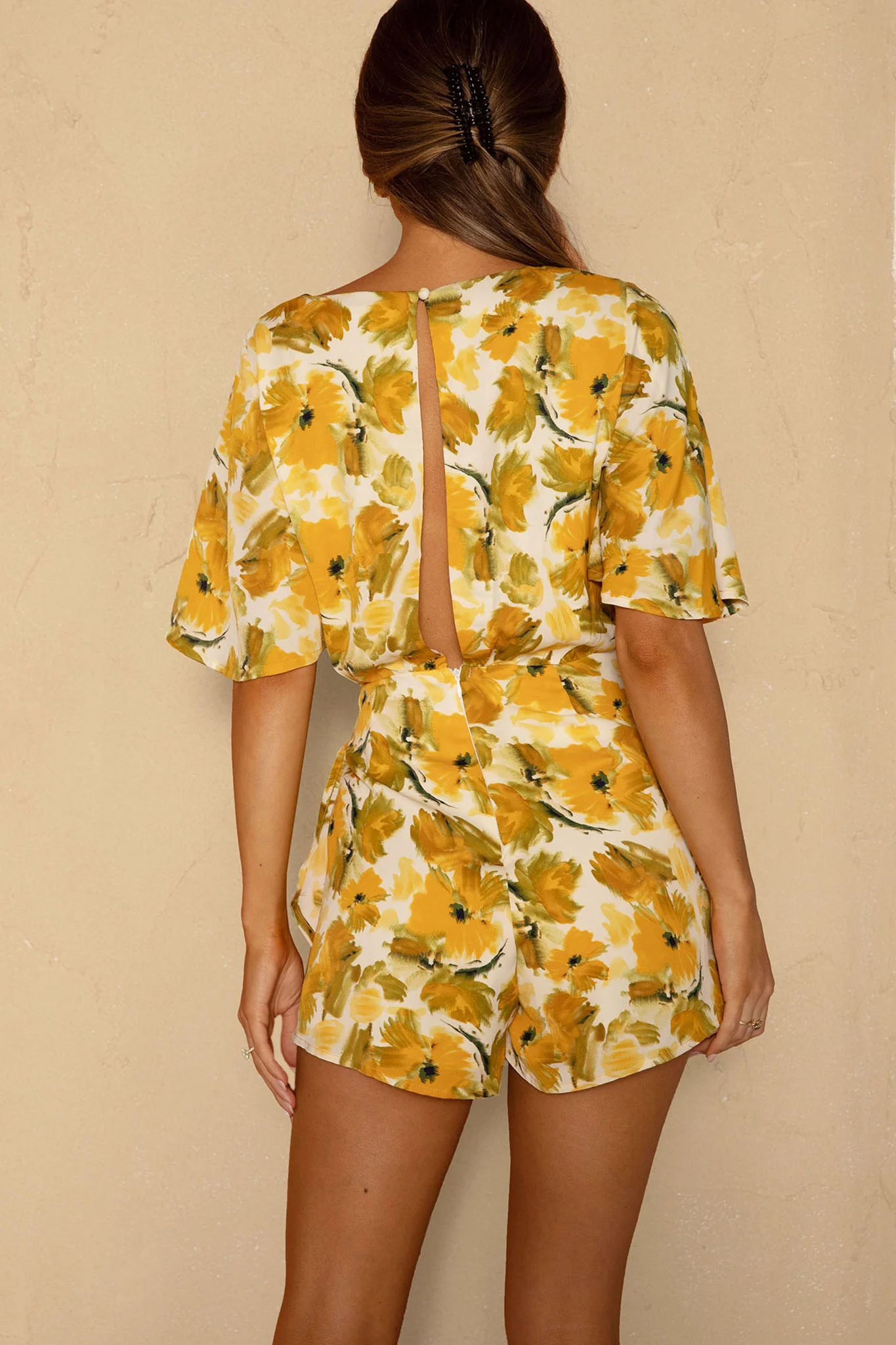 Nadi V-Neckline Wrap Romper Flower Paint Print Yellow - Image 3