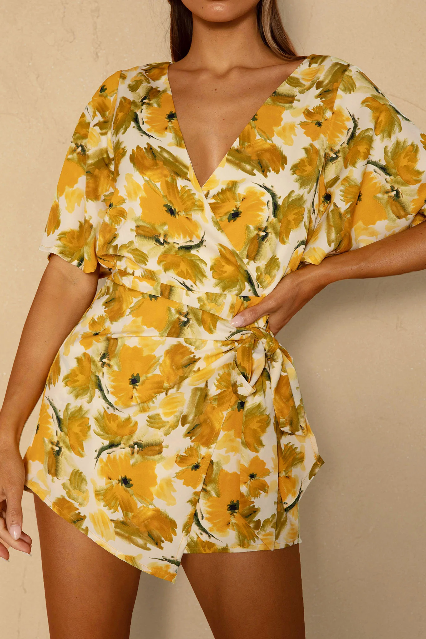 Nadi V-Neckline Wrap Romper Flower Paint Print Yellow - Image 4