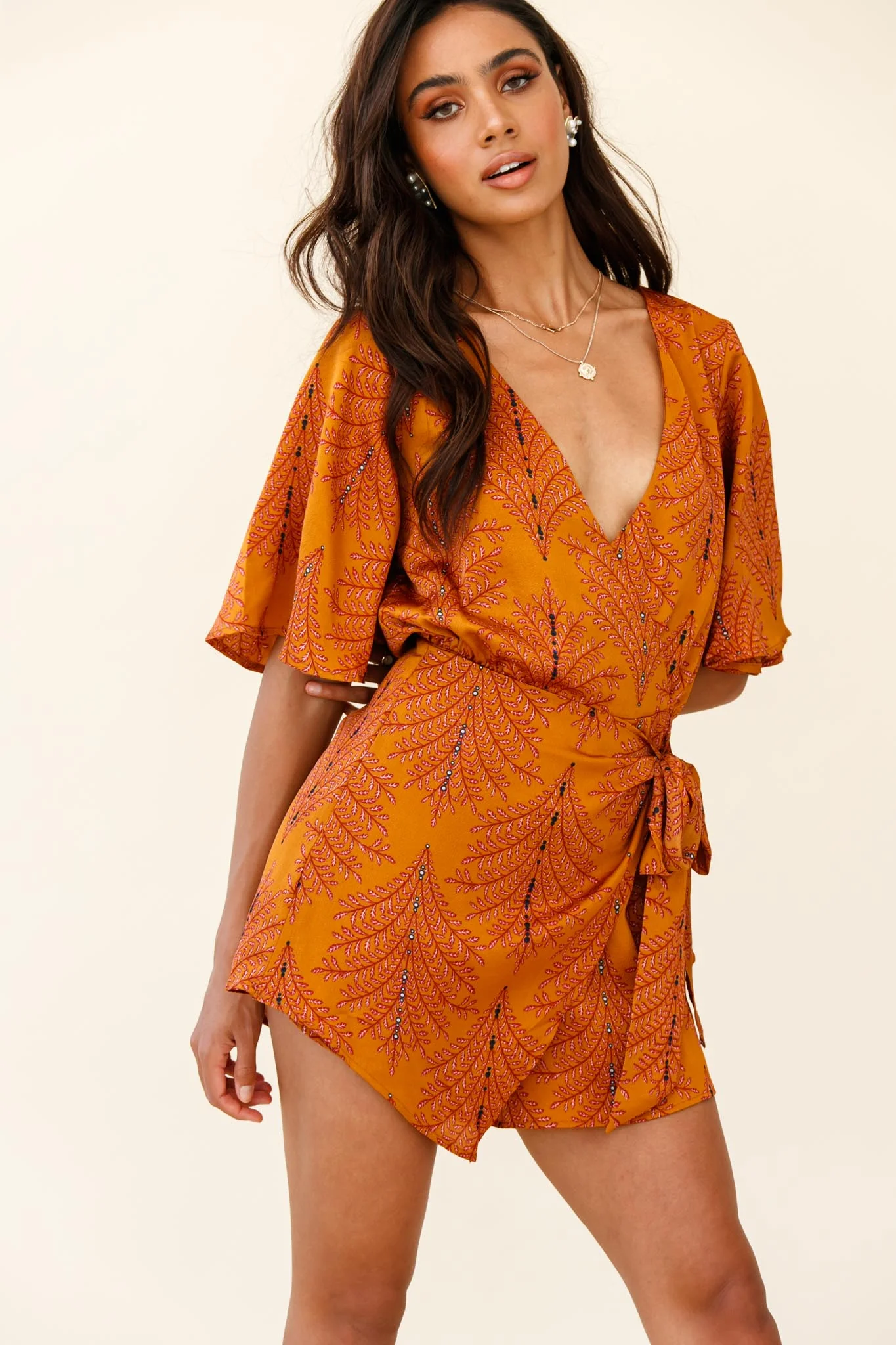 Nadi V-Neckline Wrap Romper Leaf Print Mustard - Image 4