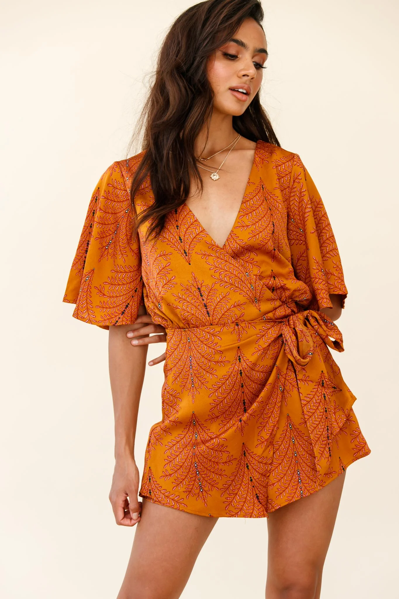 Nadi V-Neckline Wrap Romper Leaf Print Mustard - Image 6