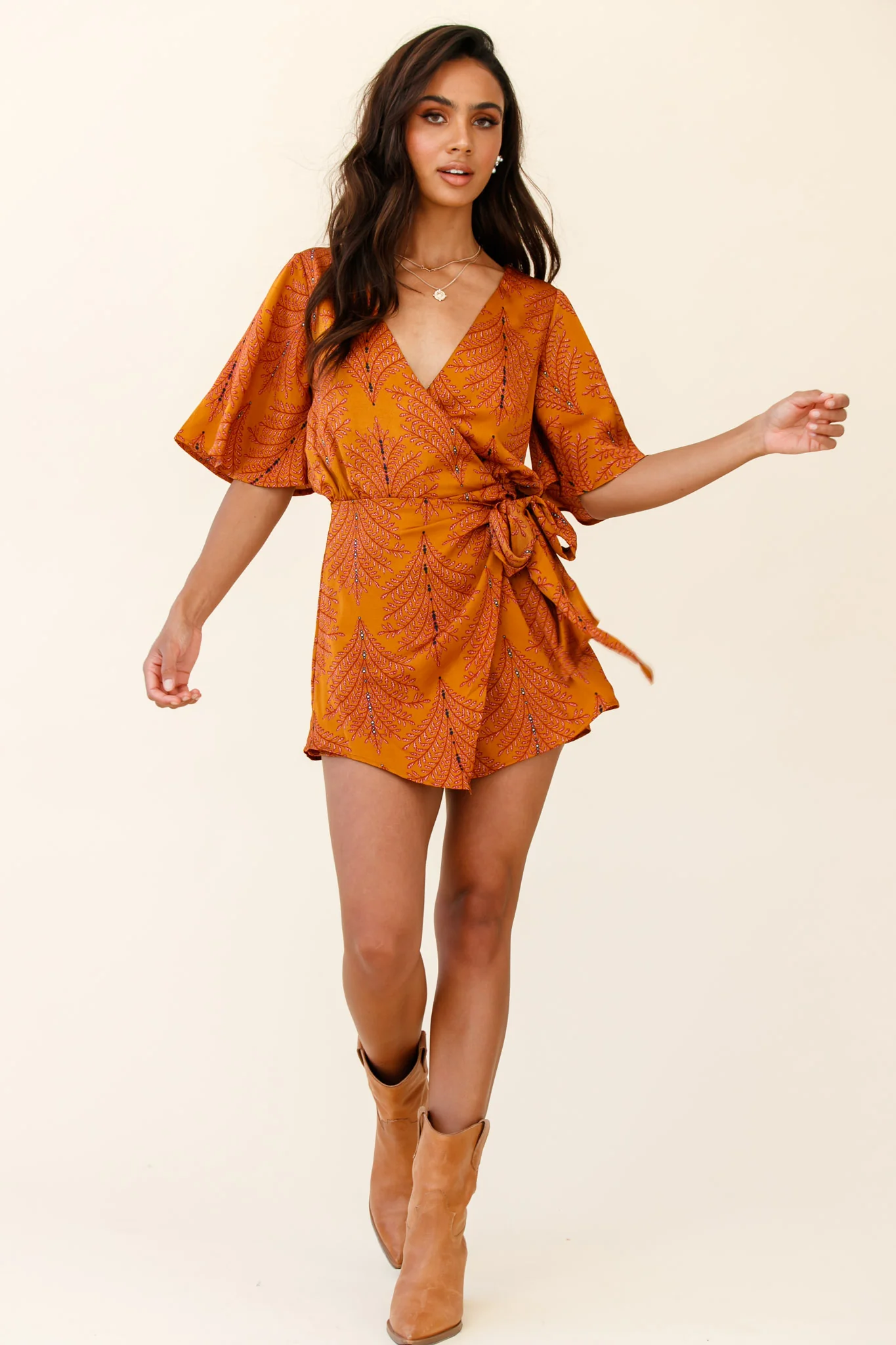 Nadi V-Neckline Wrap Romper Leaf Print Mustard - Image 7