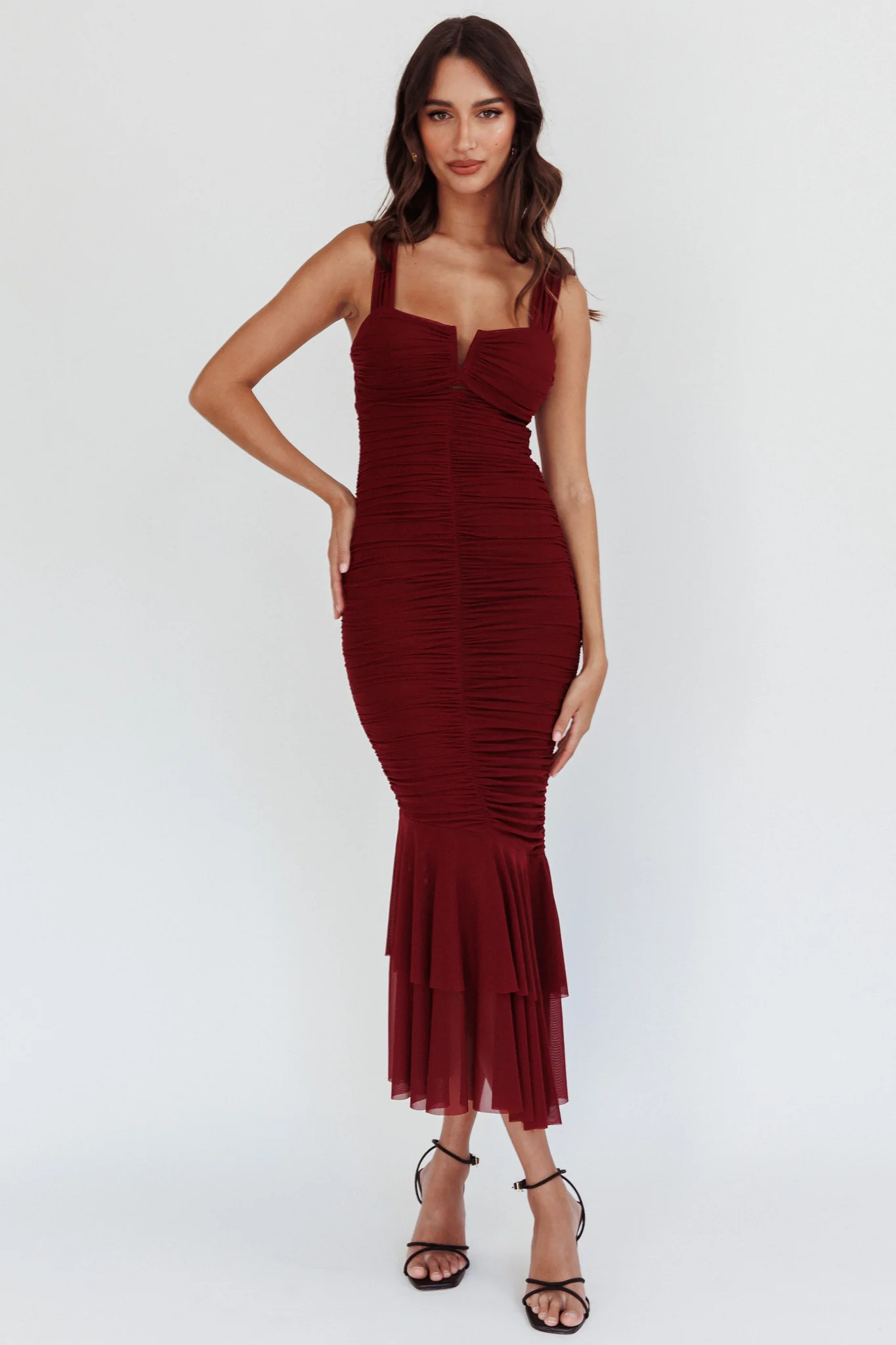 Nadia Ruched Fishtail Maxi Dress Dark Mauve - Image 4