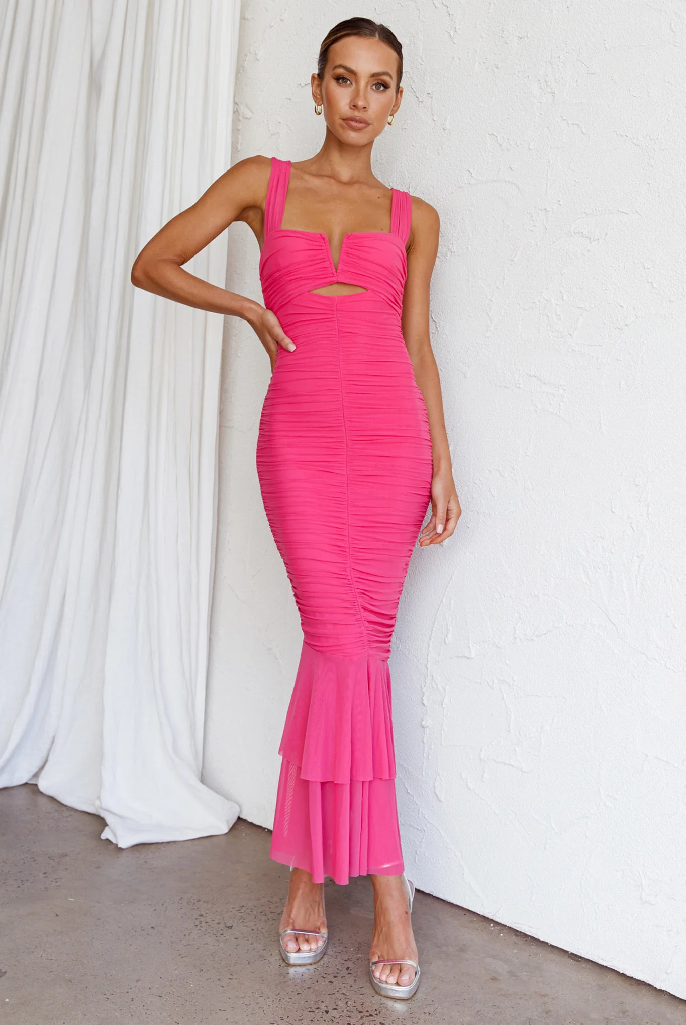 Nadia Ruched Fishtail Maxi Dress Hot Pink - Image 5