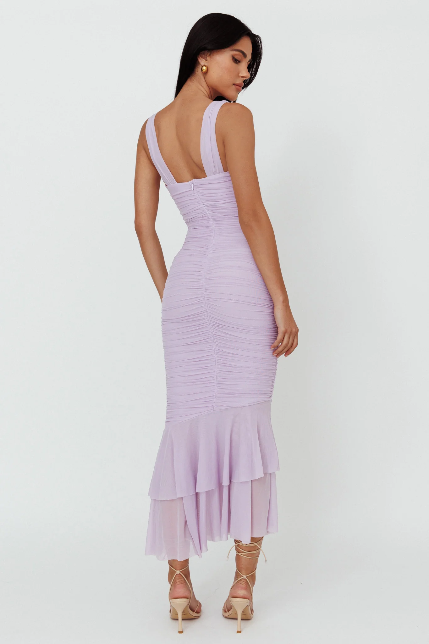 Nadia Ruched Fishtail Maxi Dress Lilac - Image 3