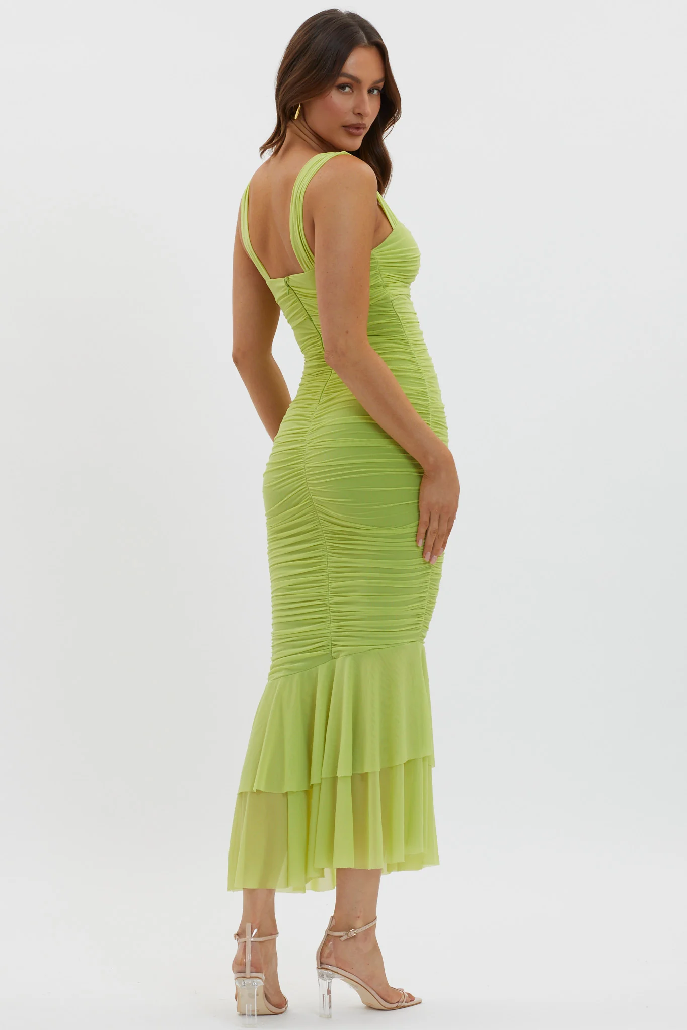 Nadia Ruched Fishtail Maxi Dress Lime - Image 2