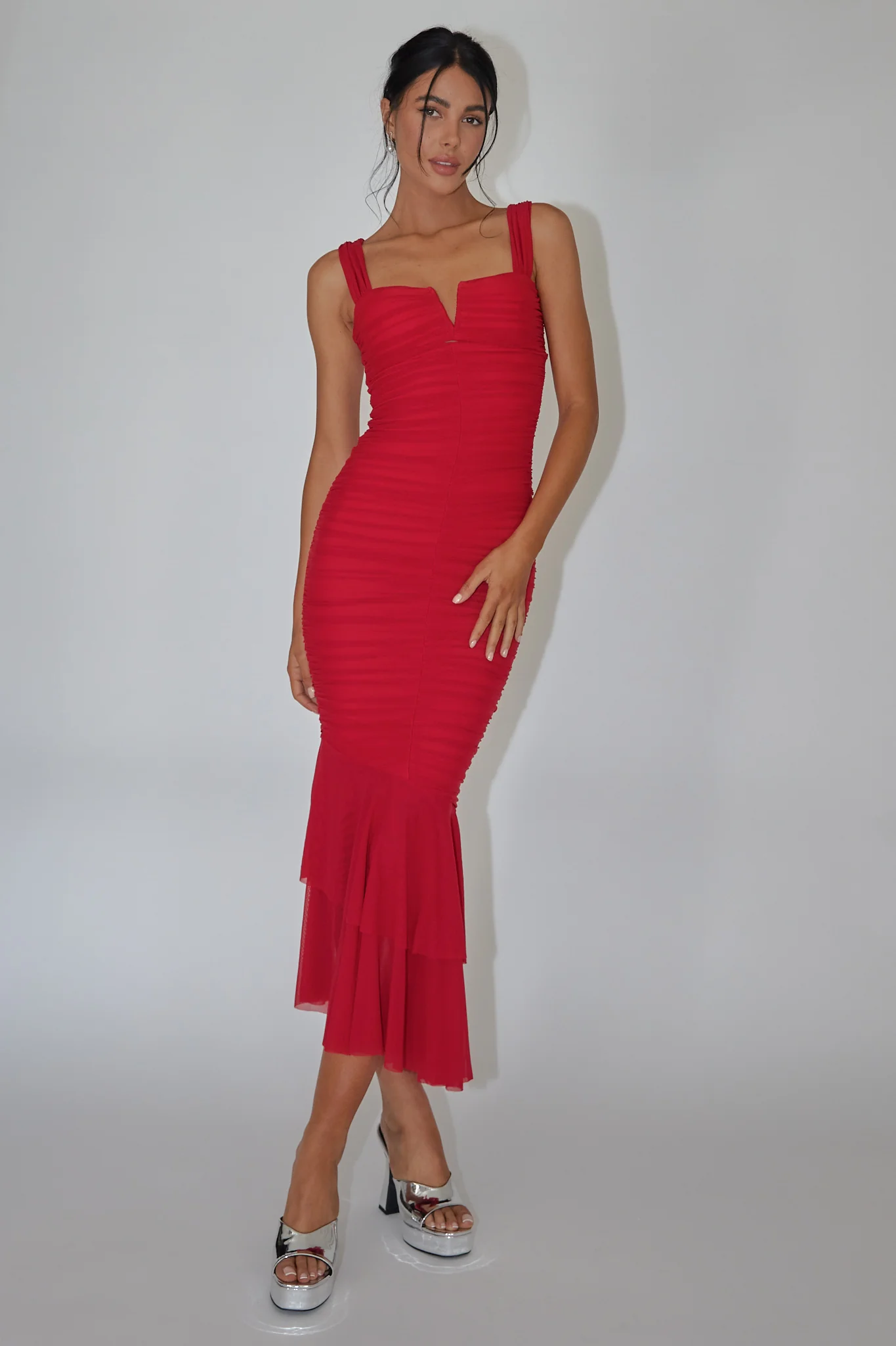 Nadia Ruched Fishtail Maxi Dress Red - Image 4