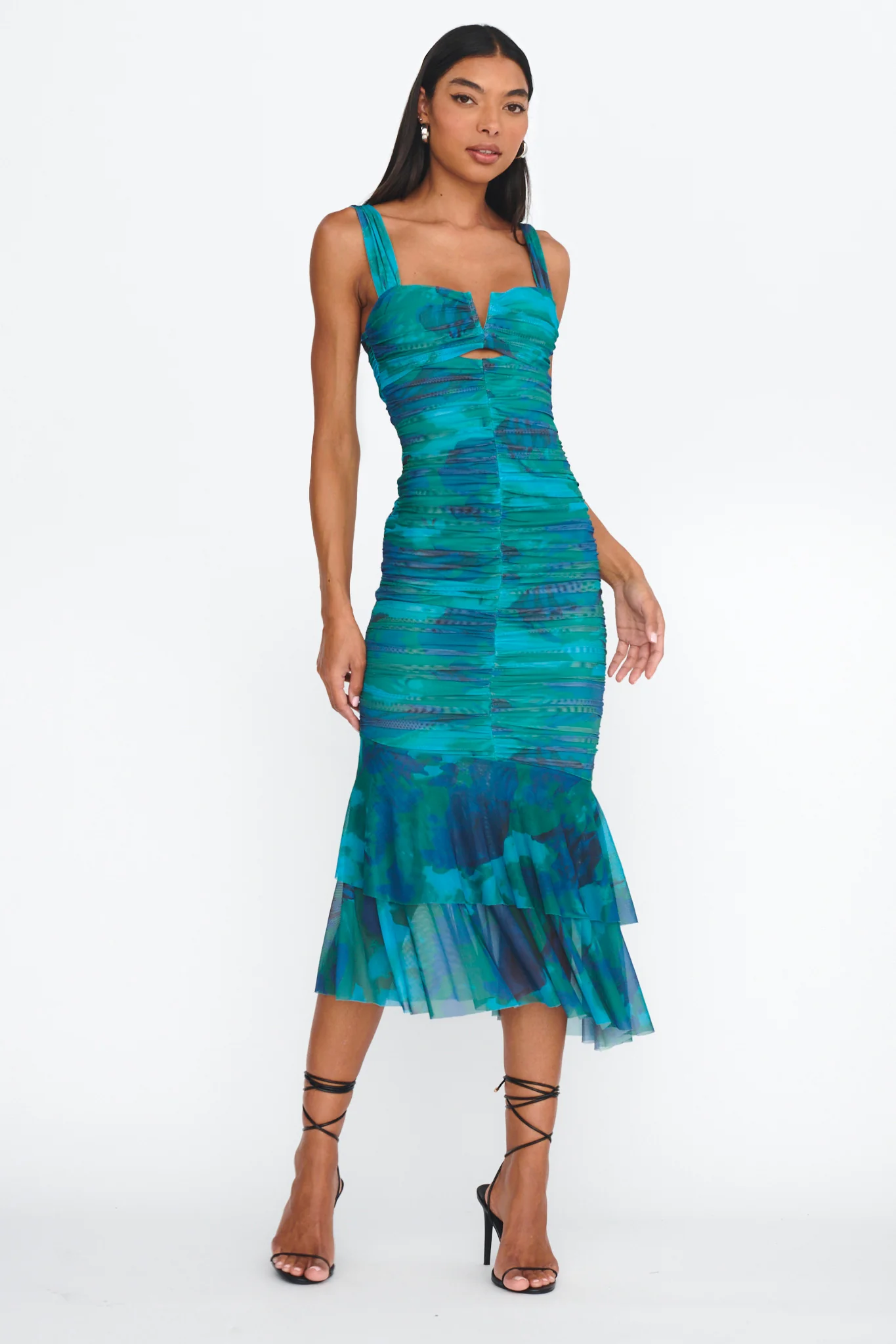 Nadia Ruched Fishtail Midi Dress Abstract Green - Image 3