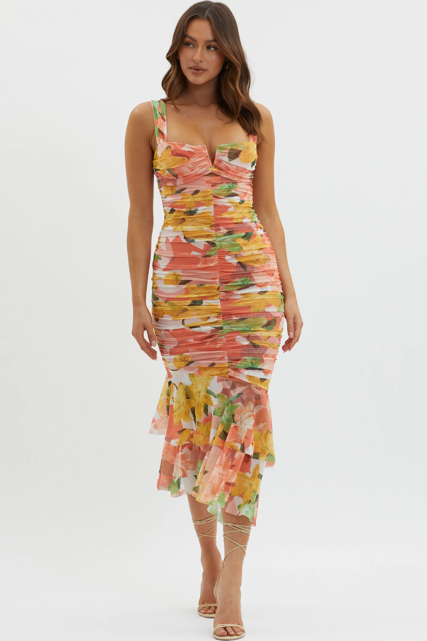 Nadia Ruched Fishtail Midi Dress Floral Orange - Image 4
