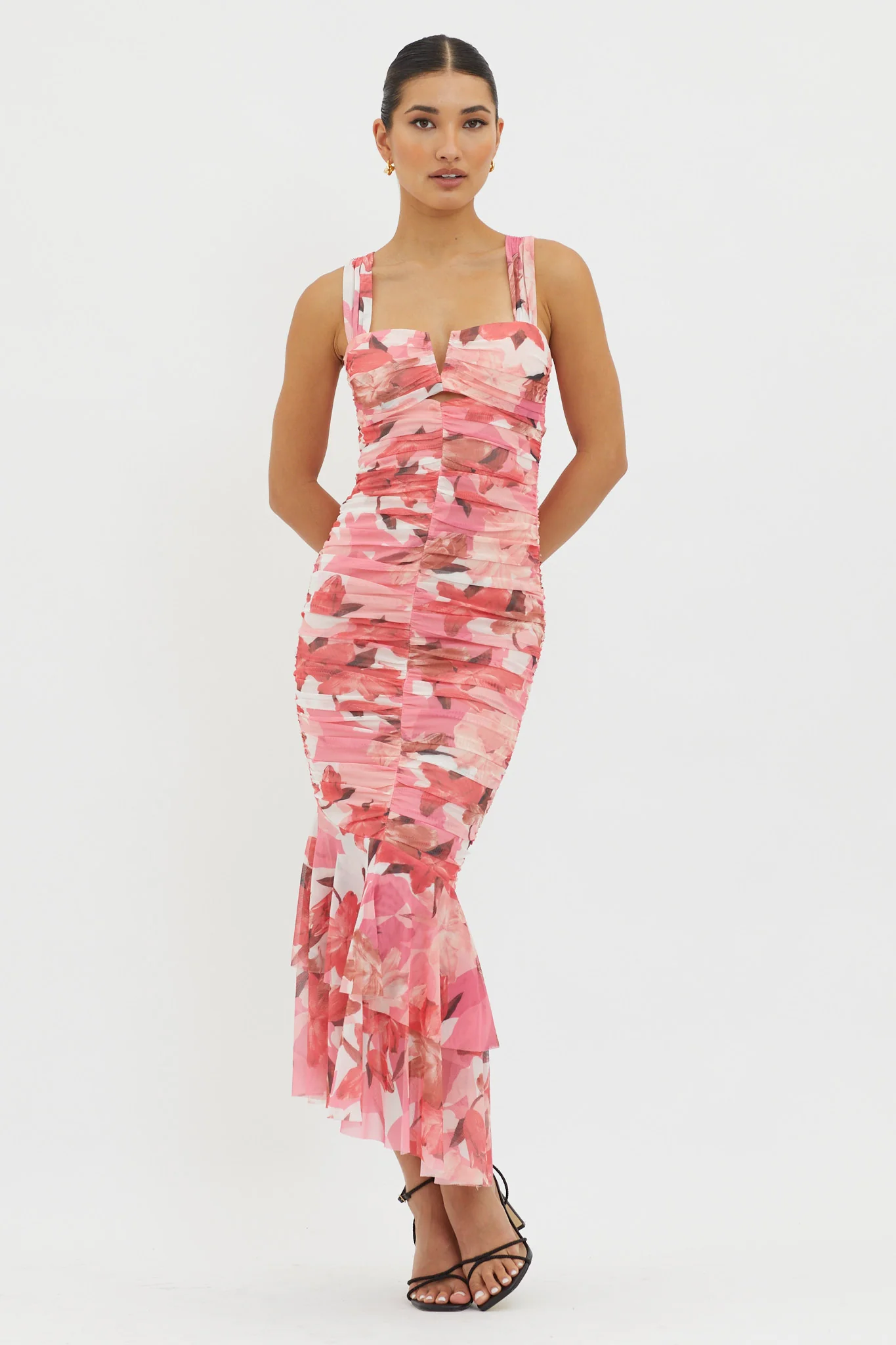 Nadia Ruched Fishtail Midi Dress Floral Pink - Image 3