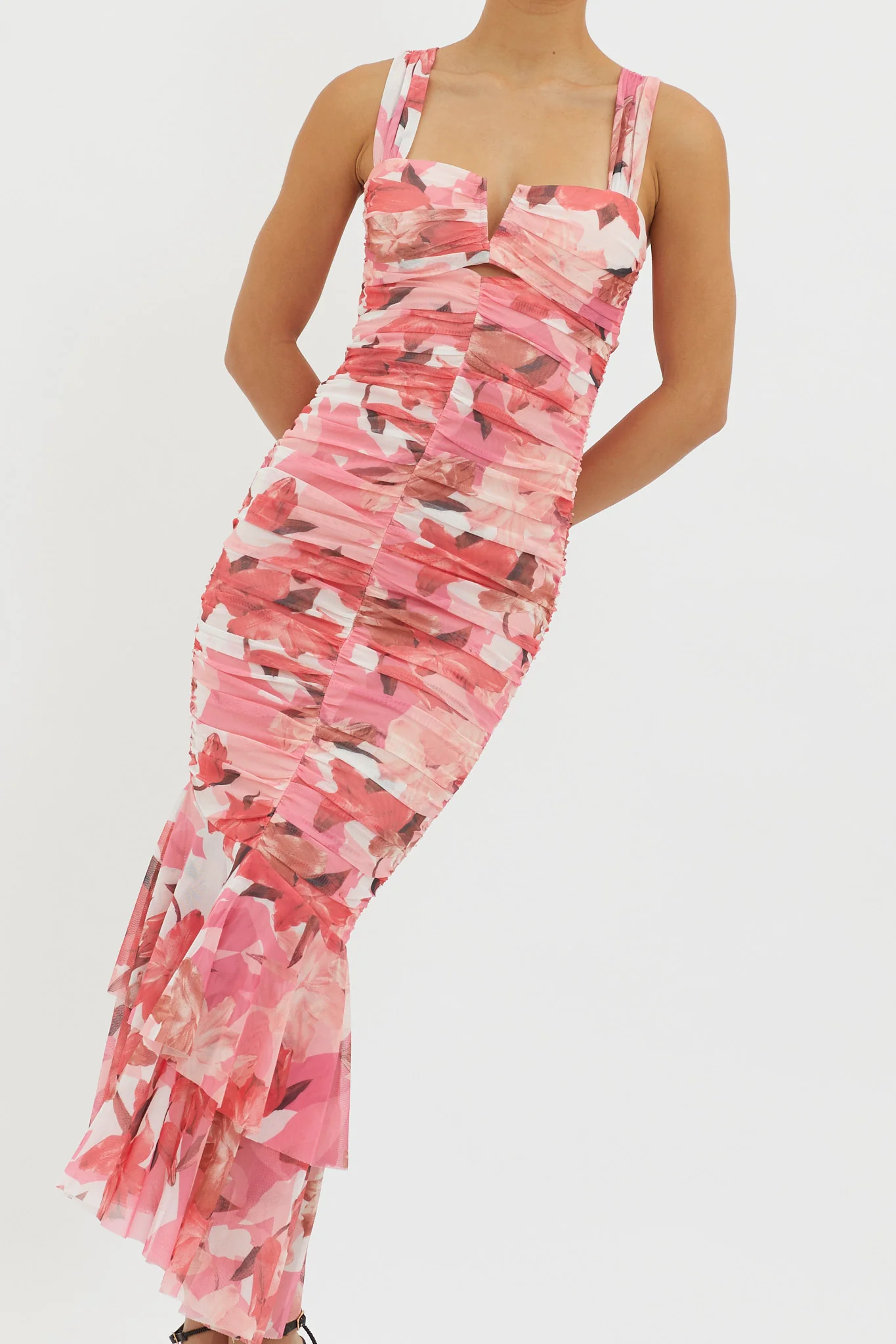 Nadia Ruched Fishtail Midi Dress Floral Pink - Image 4