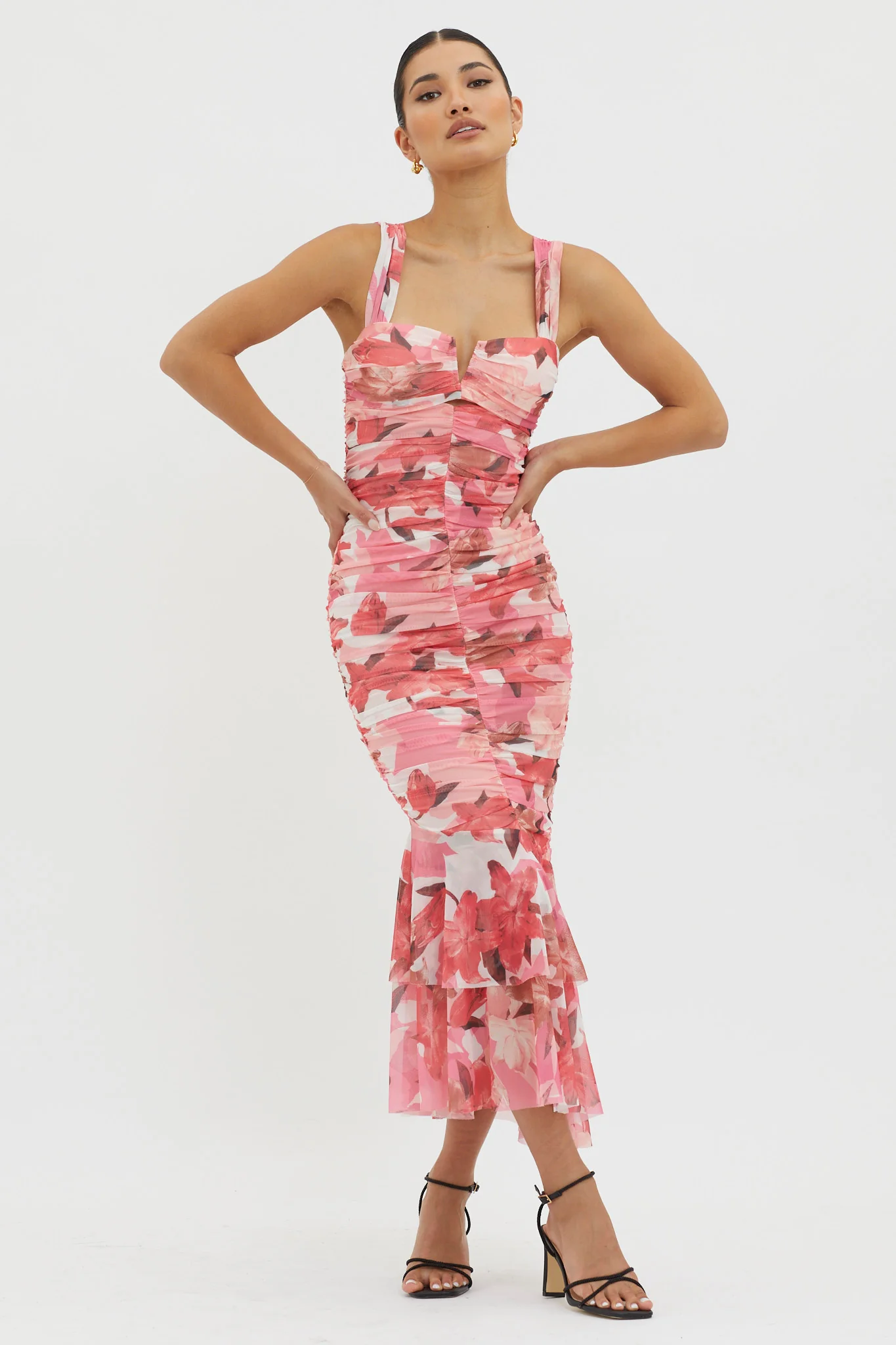Nadia Ruched Fishtail Midi Dress Floral Pink - Image 5