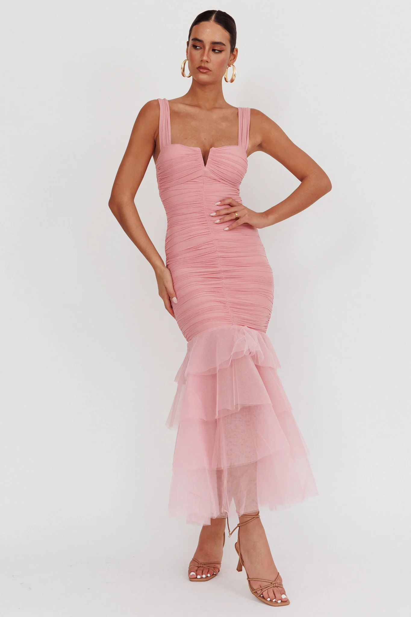Nadia Tulle Hem Ruched Maxi Dress Pink - Image 5