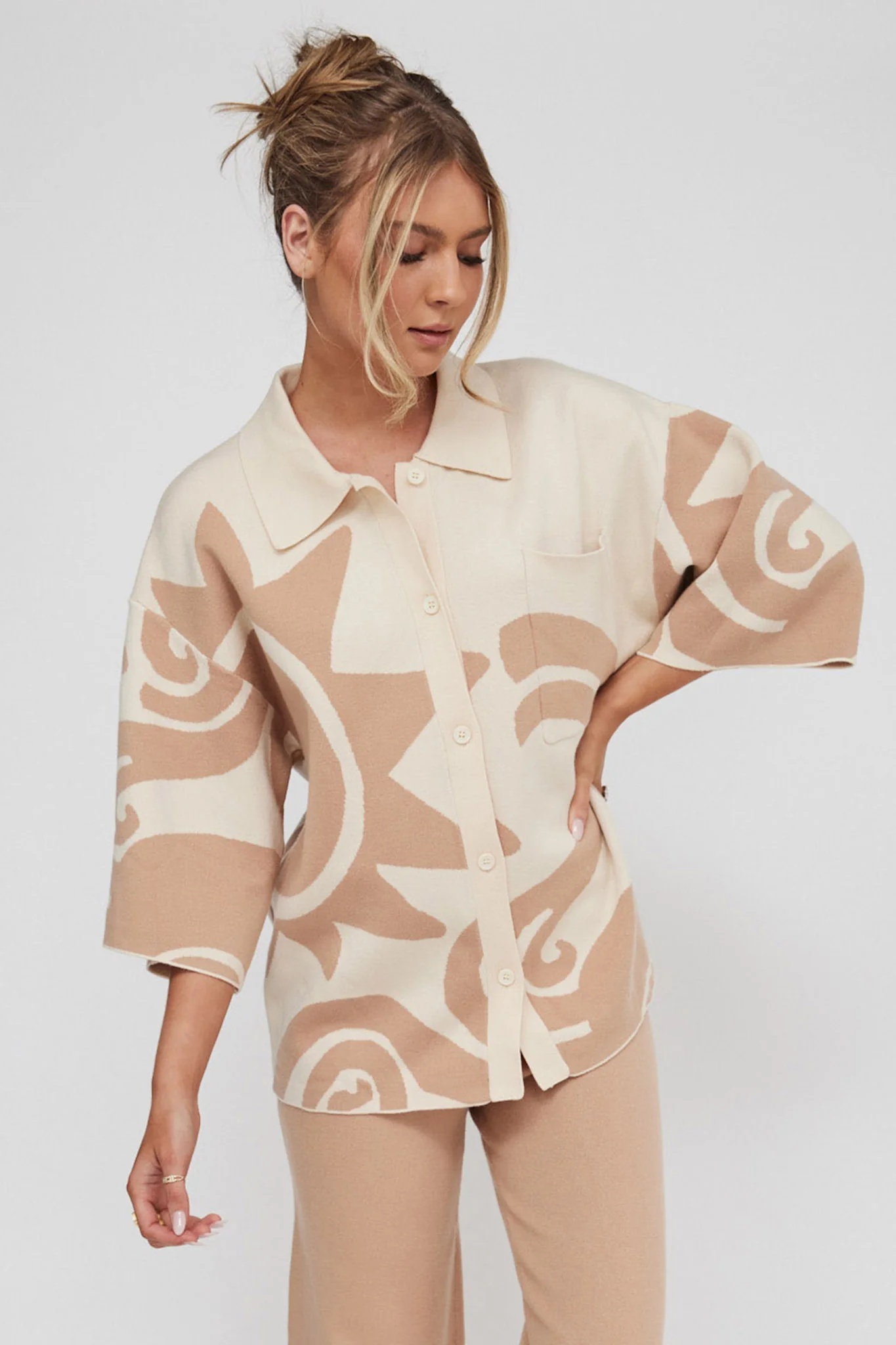 Nalani Button Up Knit Shirt Sand Wood