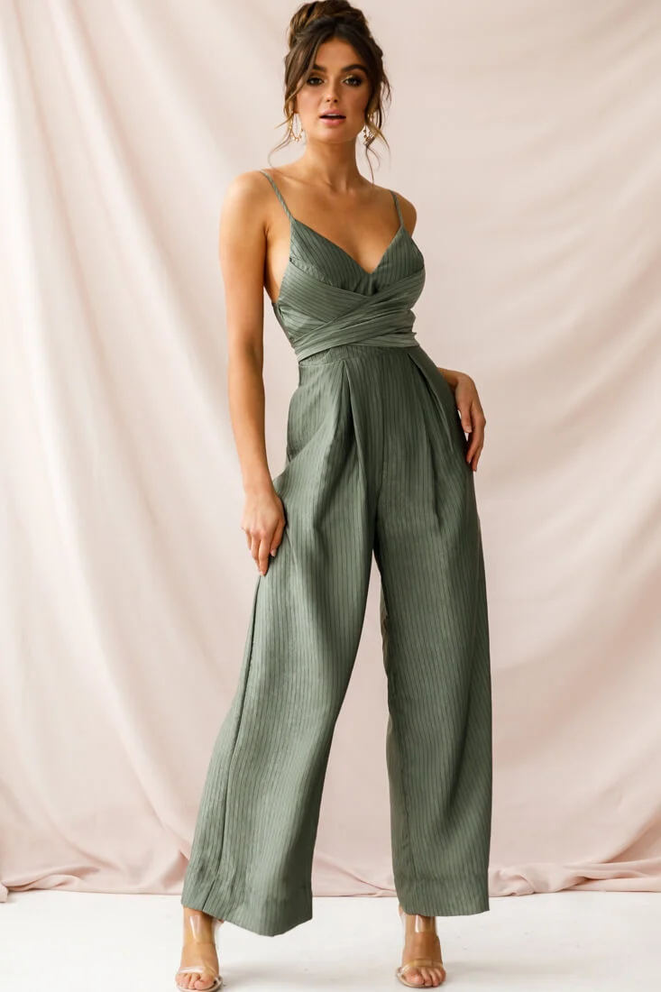 Nancy Wide Leg Pinstripe Jumpsuit Olive - Image 3