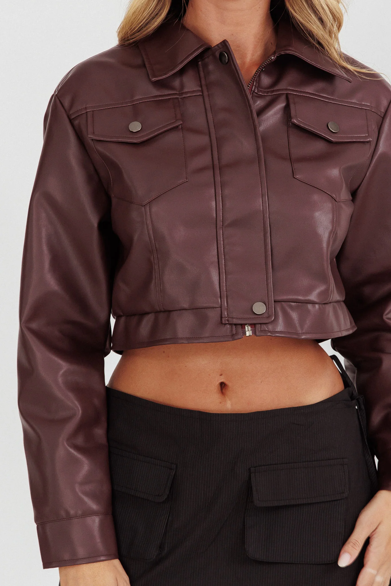 Navigator Snap Button Faux Leather Jacket Brown - Image 4