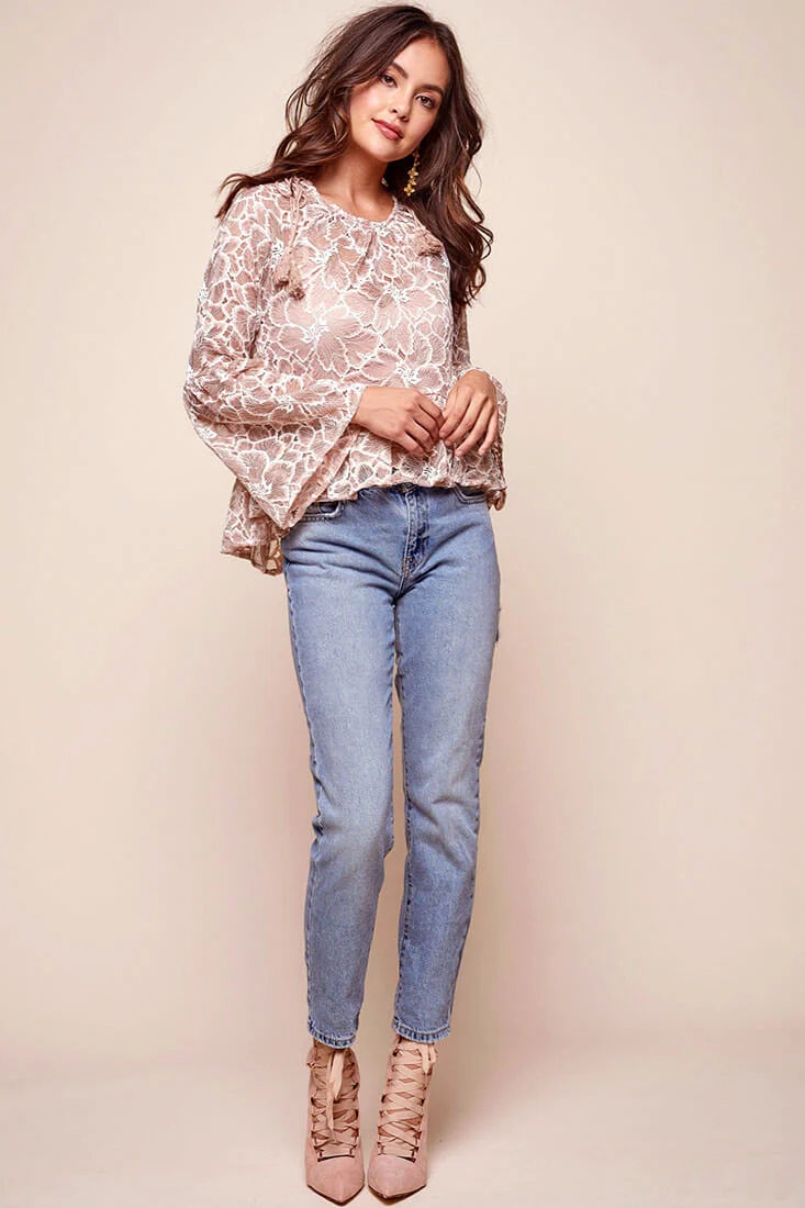 Neiah Sheer Lace Bell Sleeved Top Mocha - Image 3