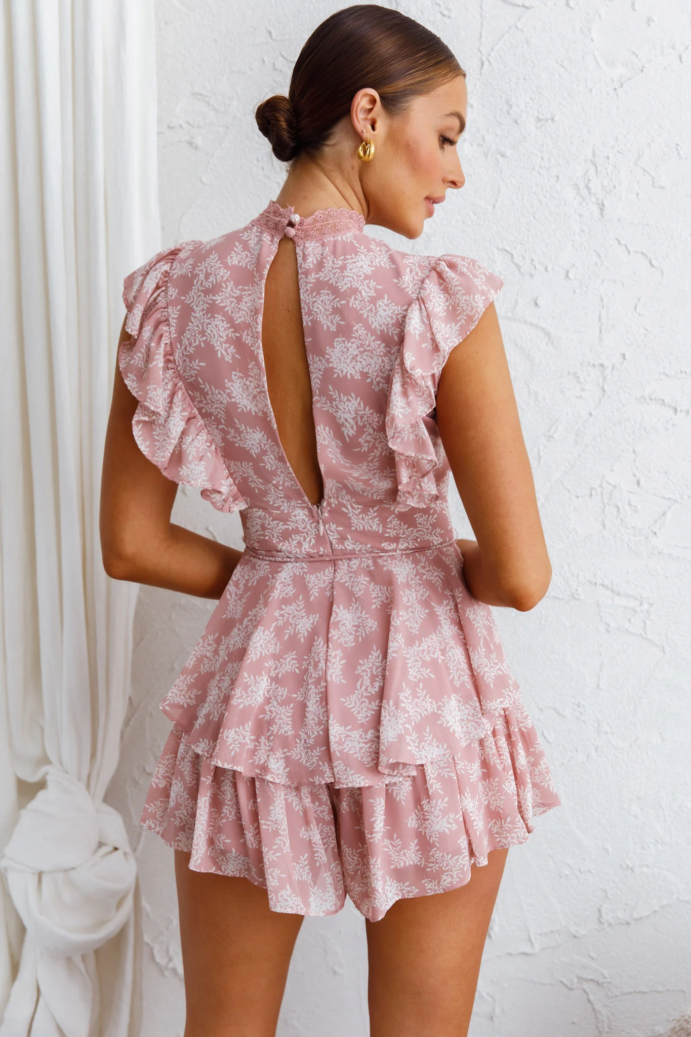 Nellie Lace Bust High Neck Romper Floral Blush - Image 2