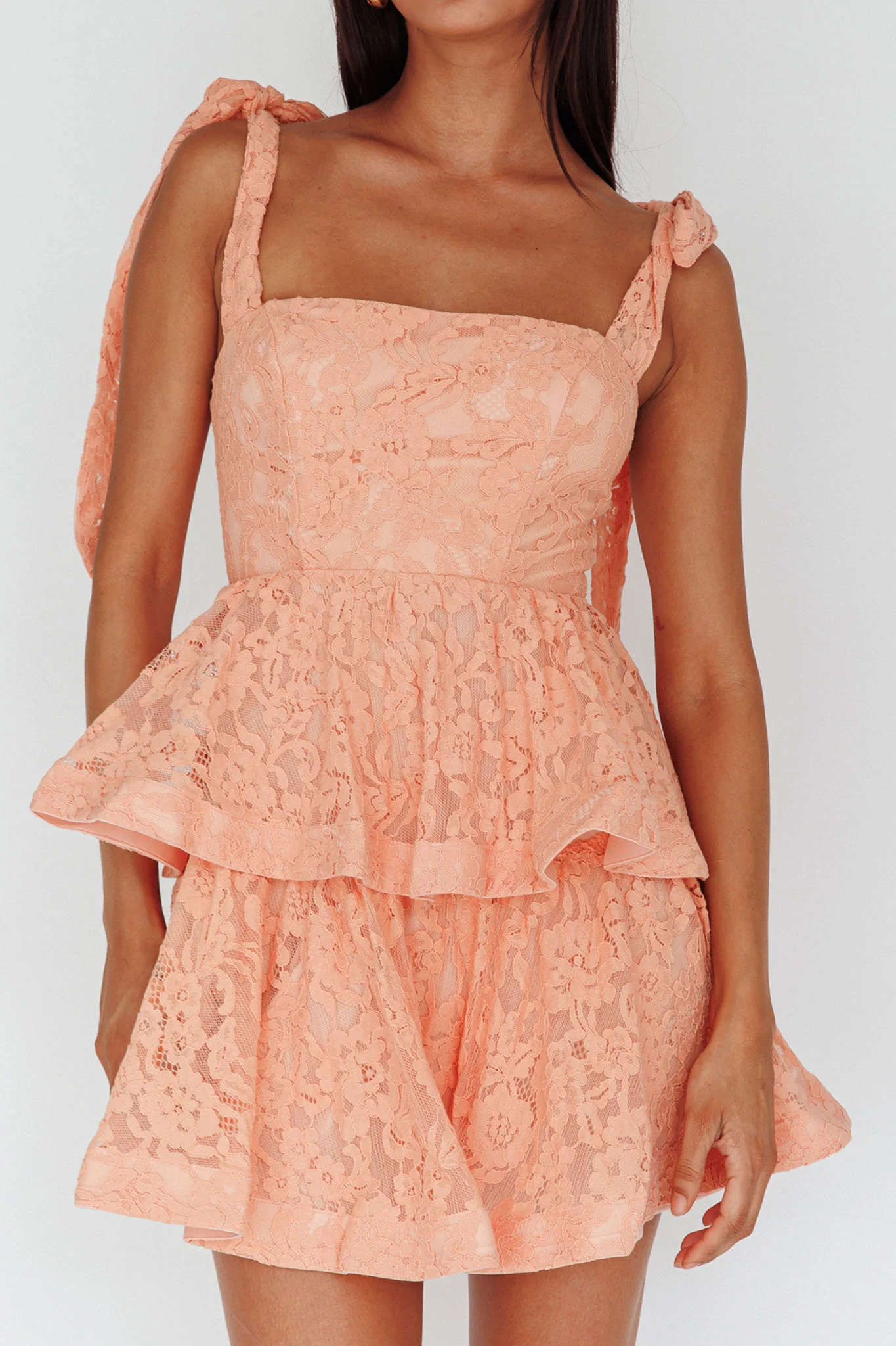 Neriah Tied Shoulder Tiered Lace Mini Dress Orange - Image 4