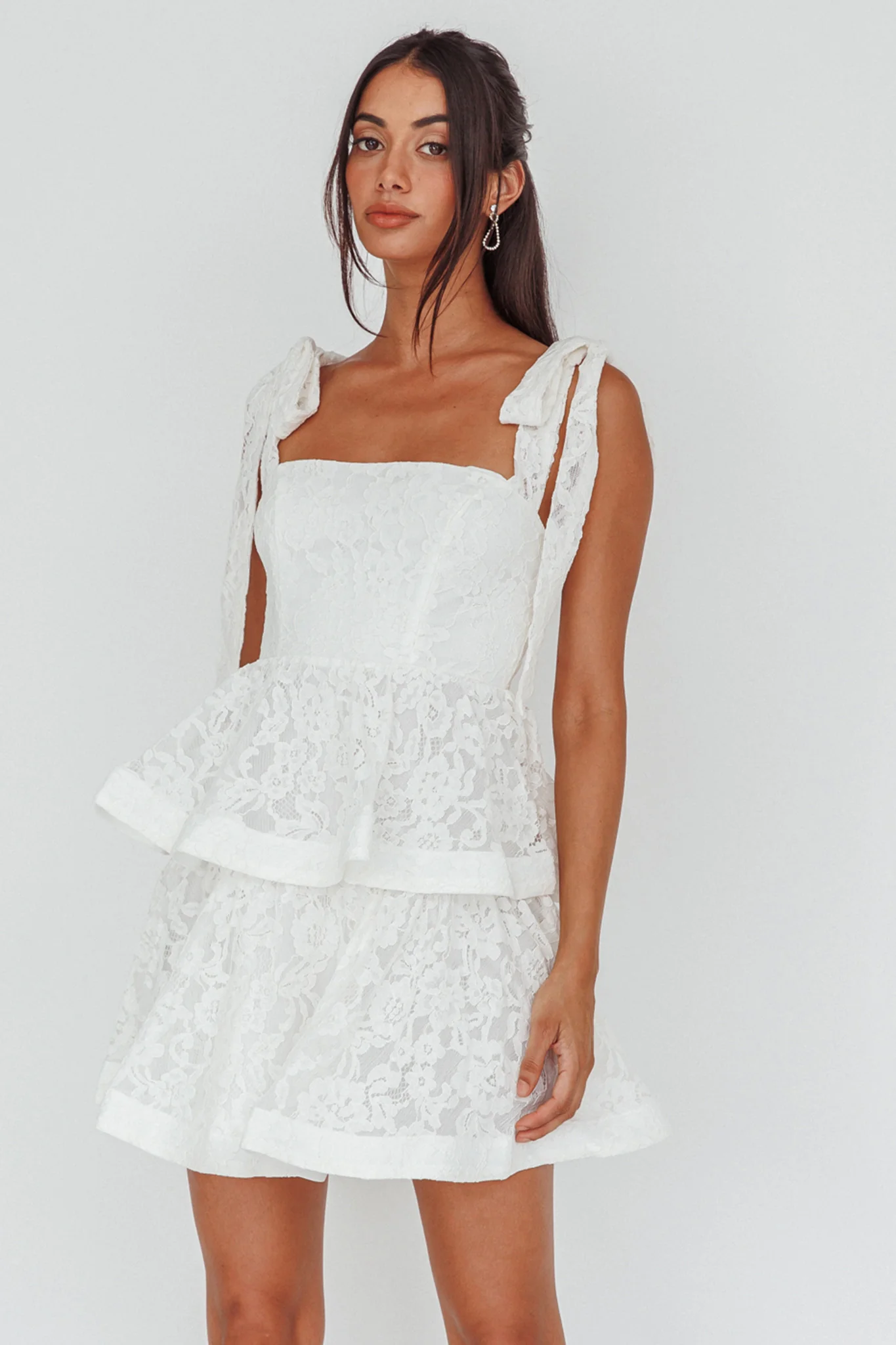 Neriah Tied Shoulder Tiered Lace Mini Dress White - Image 5