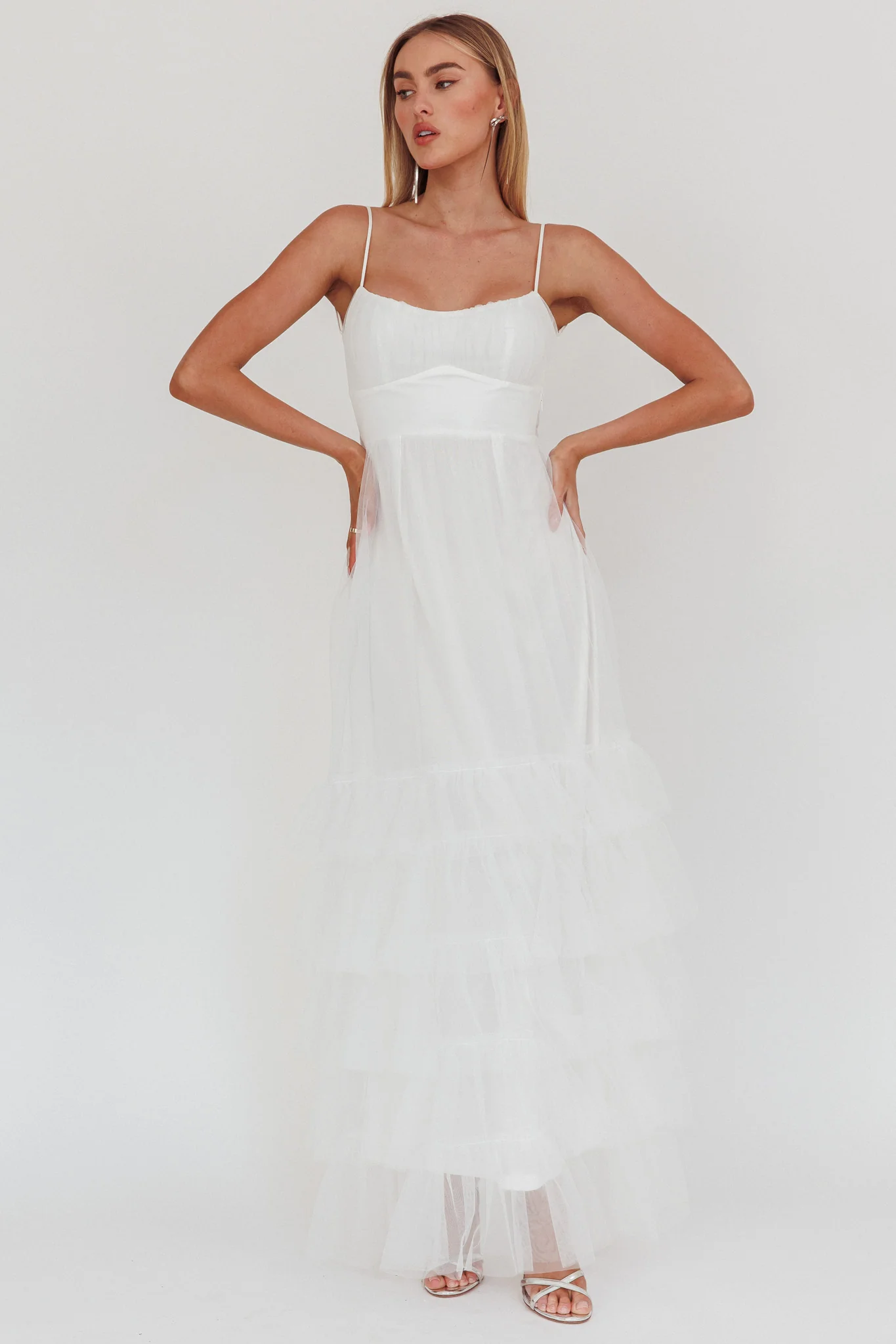 Nerida Twist Back Frill Trim Mesh Maxi Dress White - Image 10
