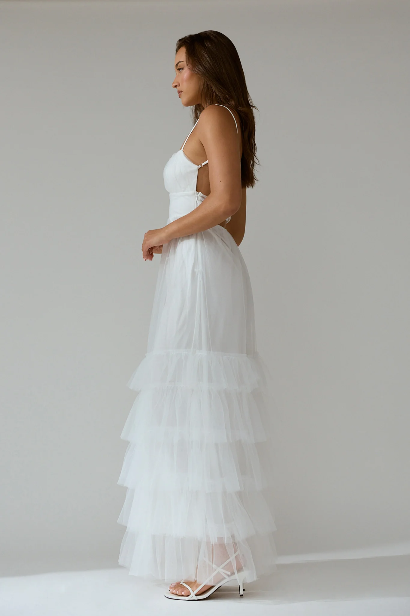 Nerida Twist Back Frill Trim Mesh Maxi Dress White - Image 3