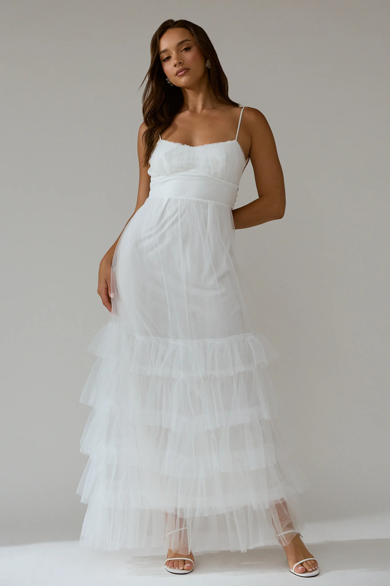 Nerida Twist Back Frill Trim Mesh Maxi Dress White - Image 4