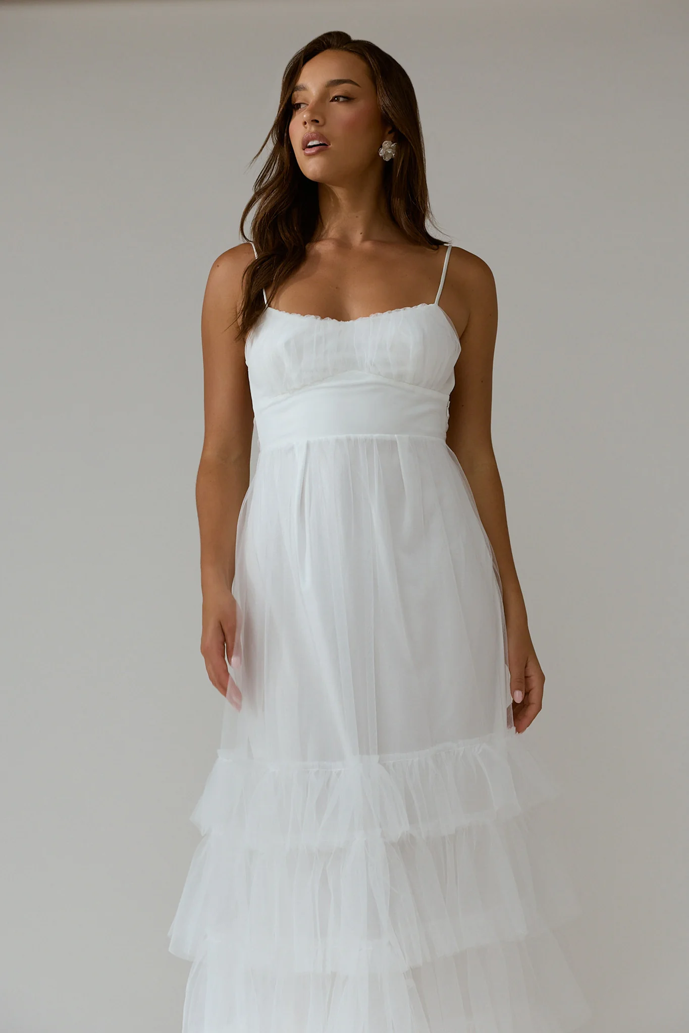 Nerida Twist Back Frill Trim Mesh Maxi Dress White - Image 5