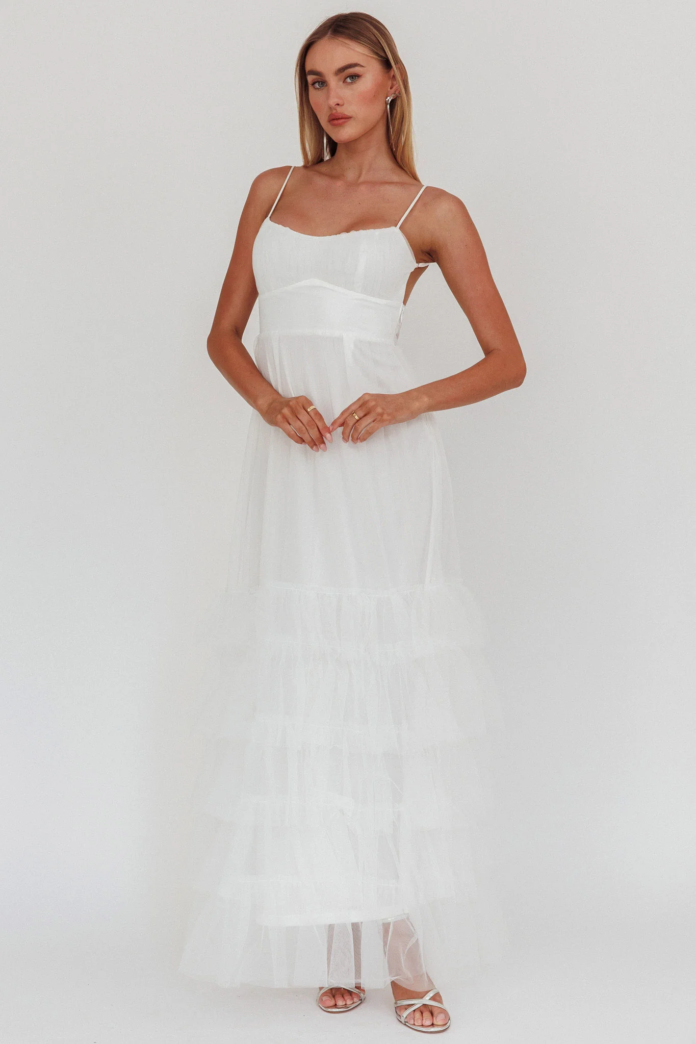Nerida Twist Back Frill Trim Mesh Maxi Dress White - Image 6