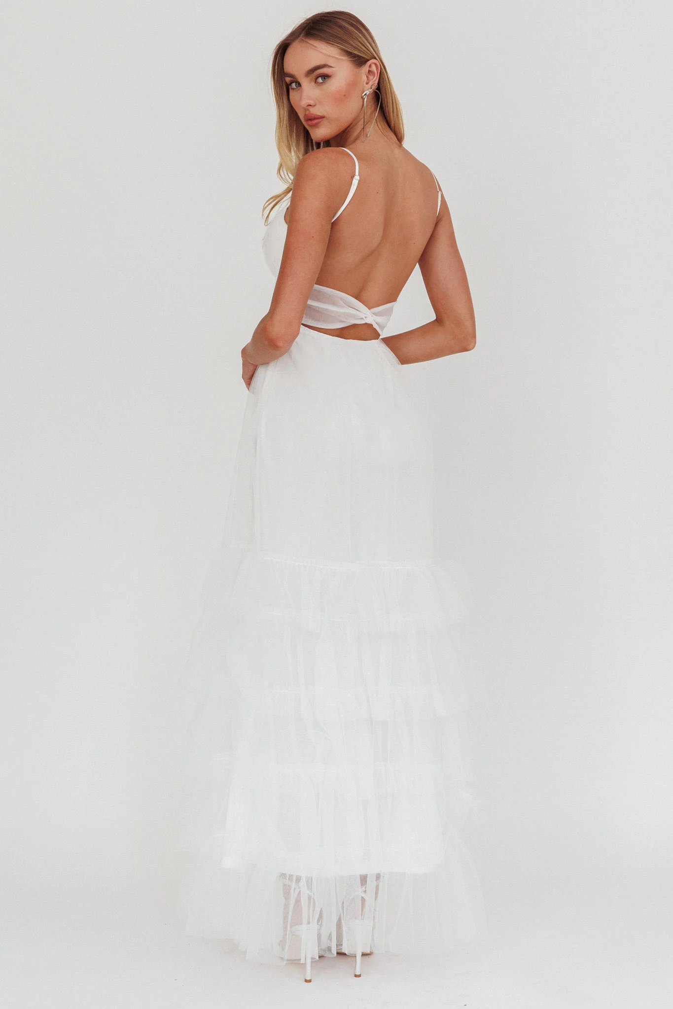 Nerida Twist Back Frill Trim Mesh Maxi Dress White - Image 7