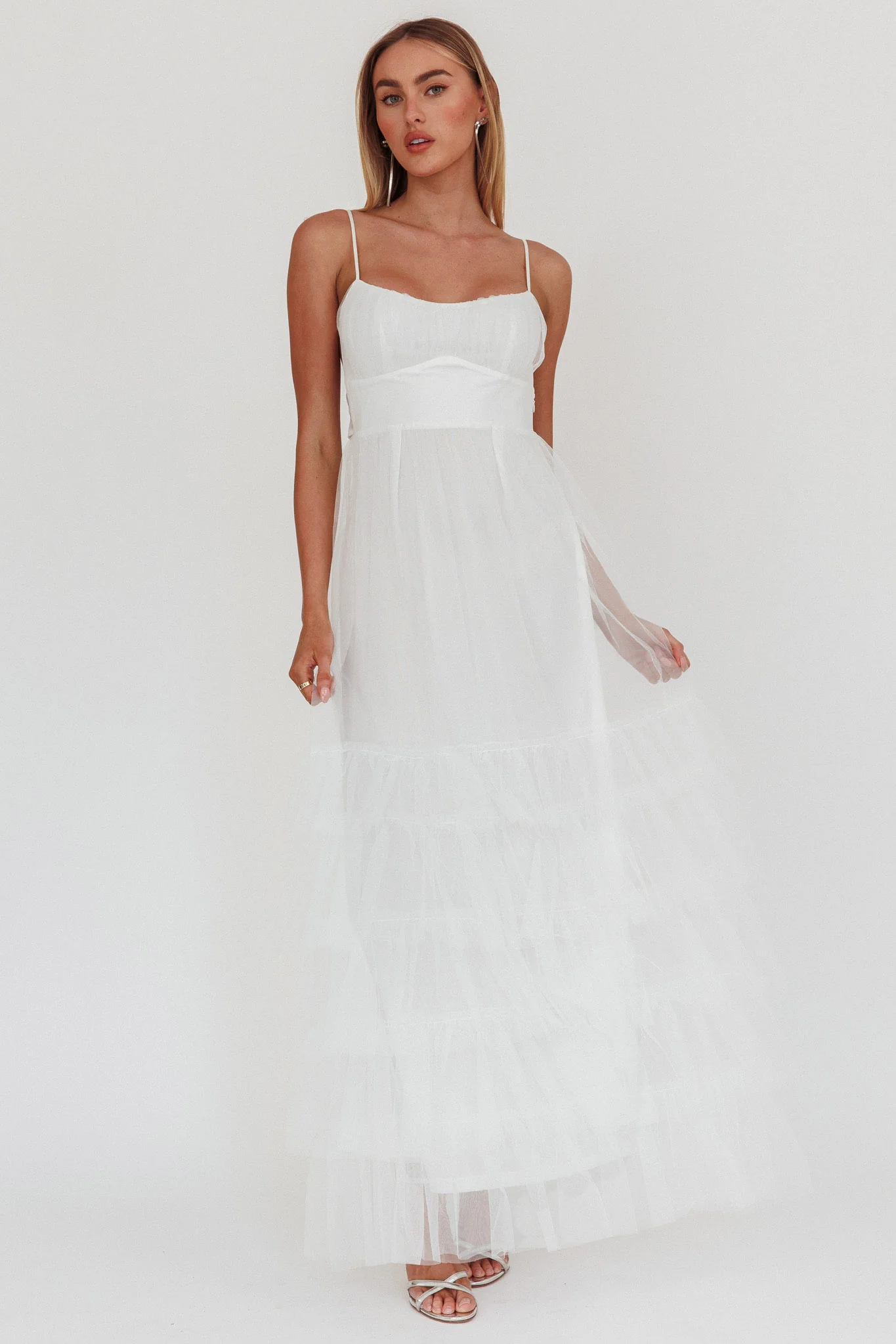 Nerida Twist Back Frill Trim Mesh Maxi Dress White - Image 9