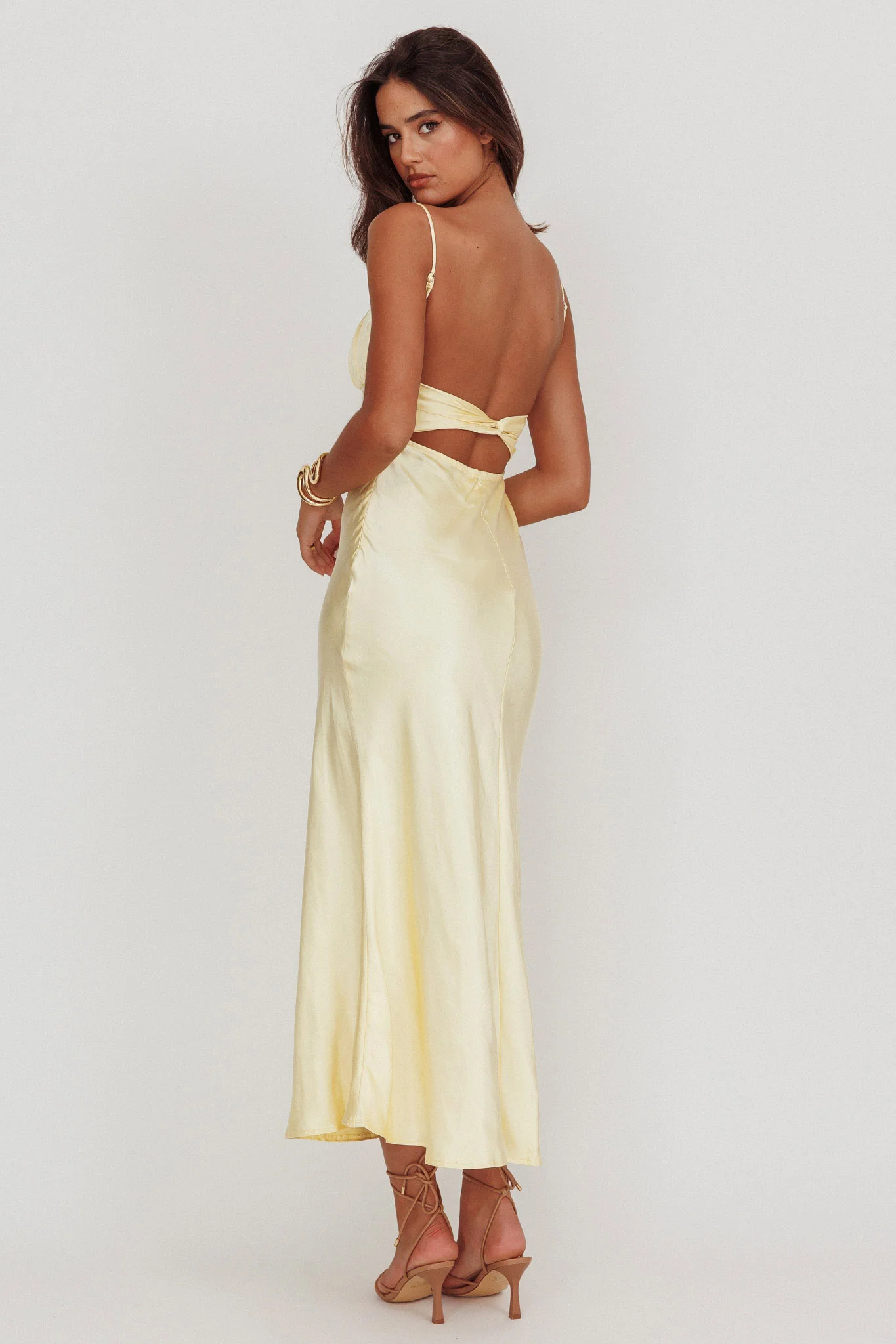 Nerida Twist Back Satin Maxi Dress Lemon - Image 2