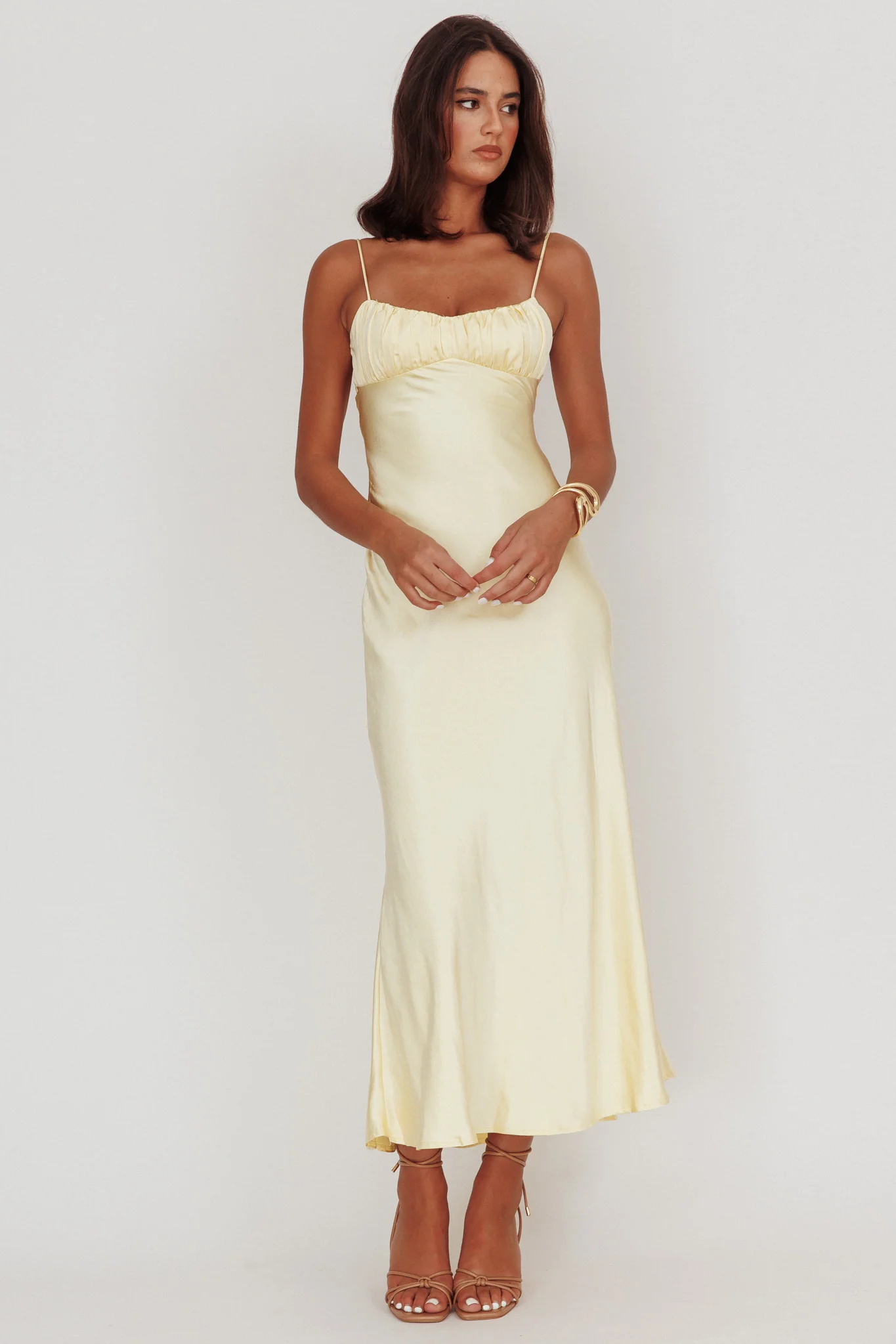 Nerida Twist Back Satin Maxi Dress Lemon - Image 3