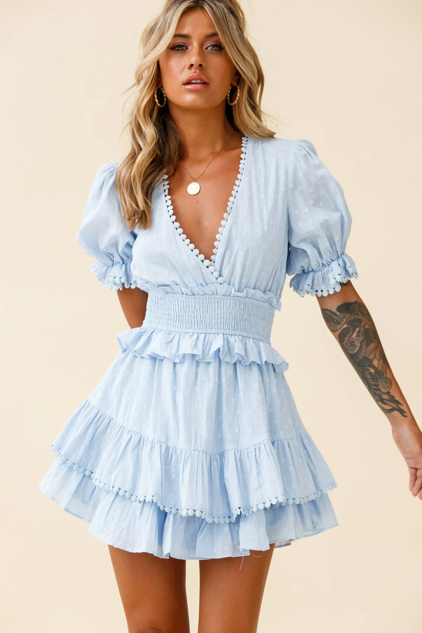 Nerissa Puff Sleeve Shirred Waist Dress Spotty Blue - Image 6