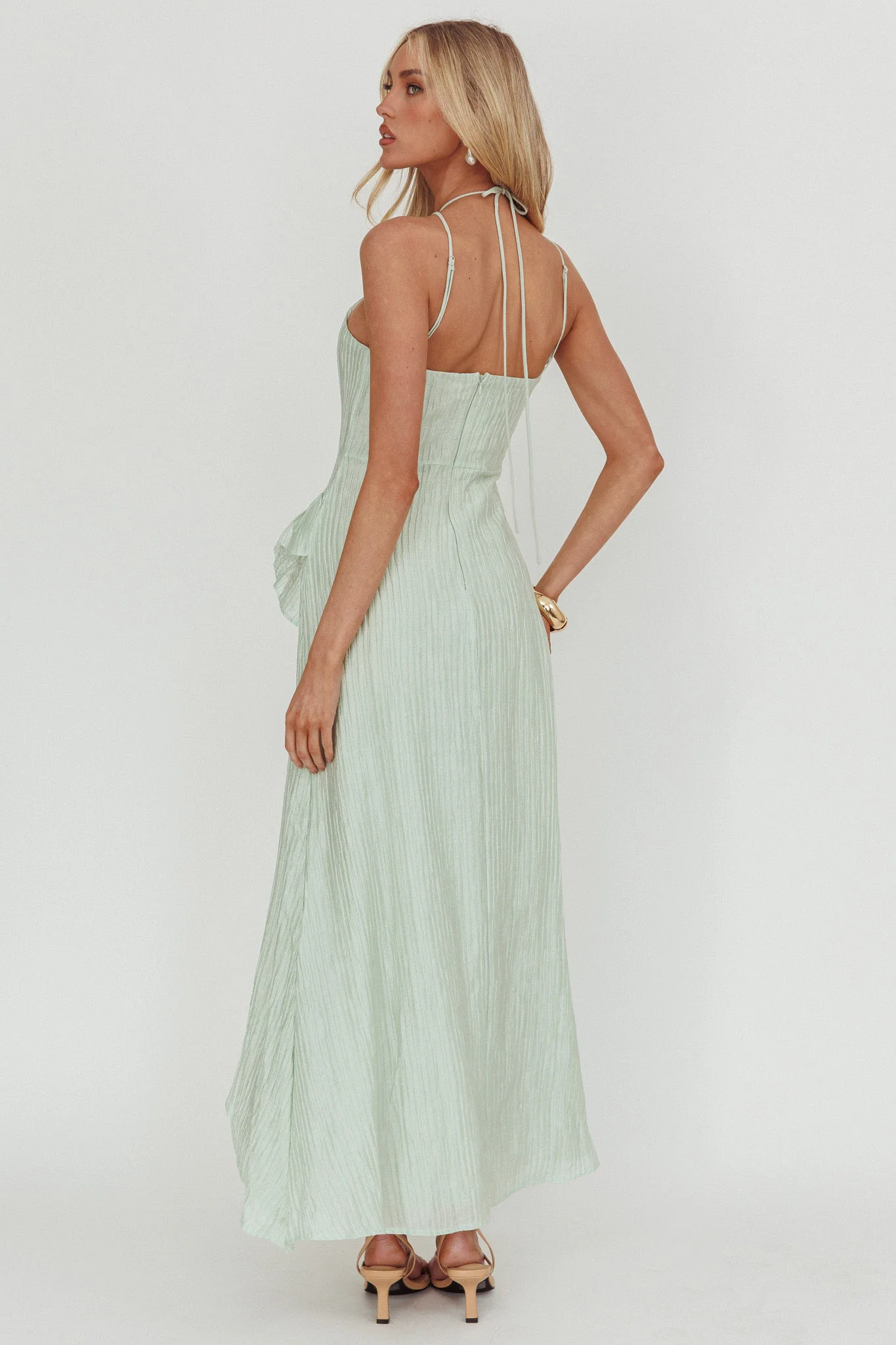 Nerisse Textured Frill Halter Maxi Dress Sage - Image 2