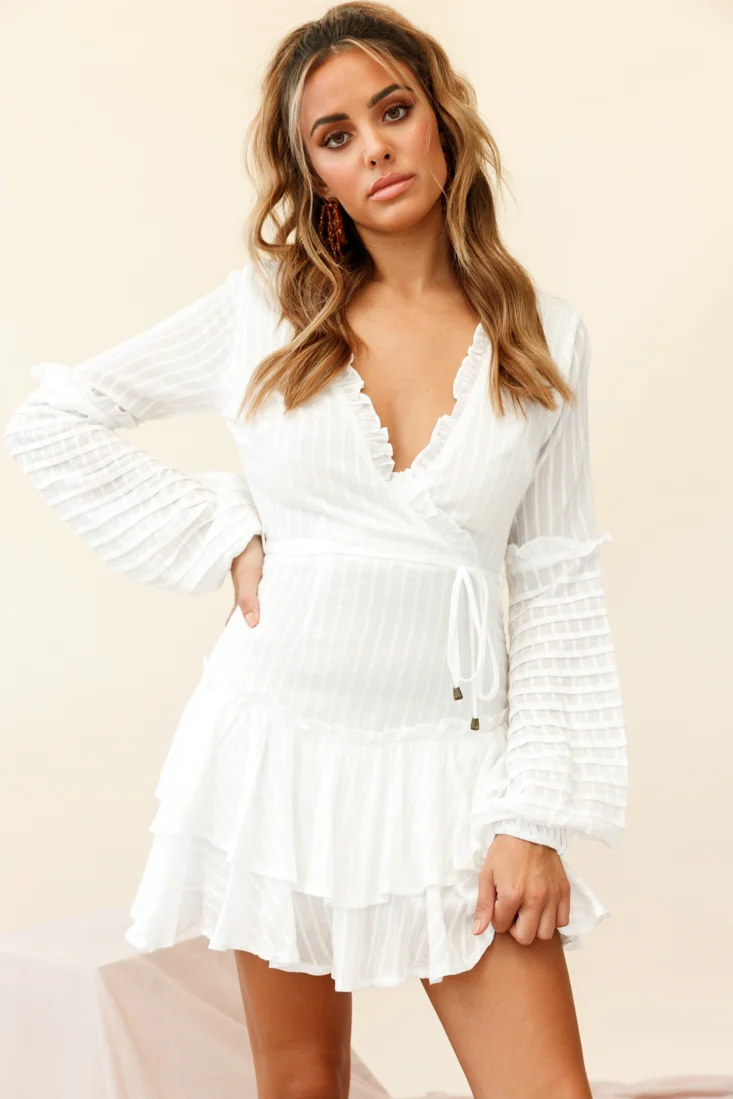 Neve Balloon Sleeve Layered Ruffle Hem Dress White - Image 2