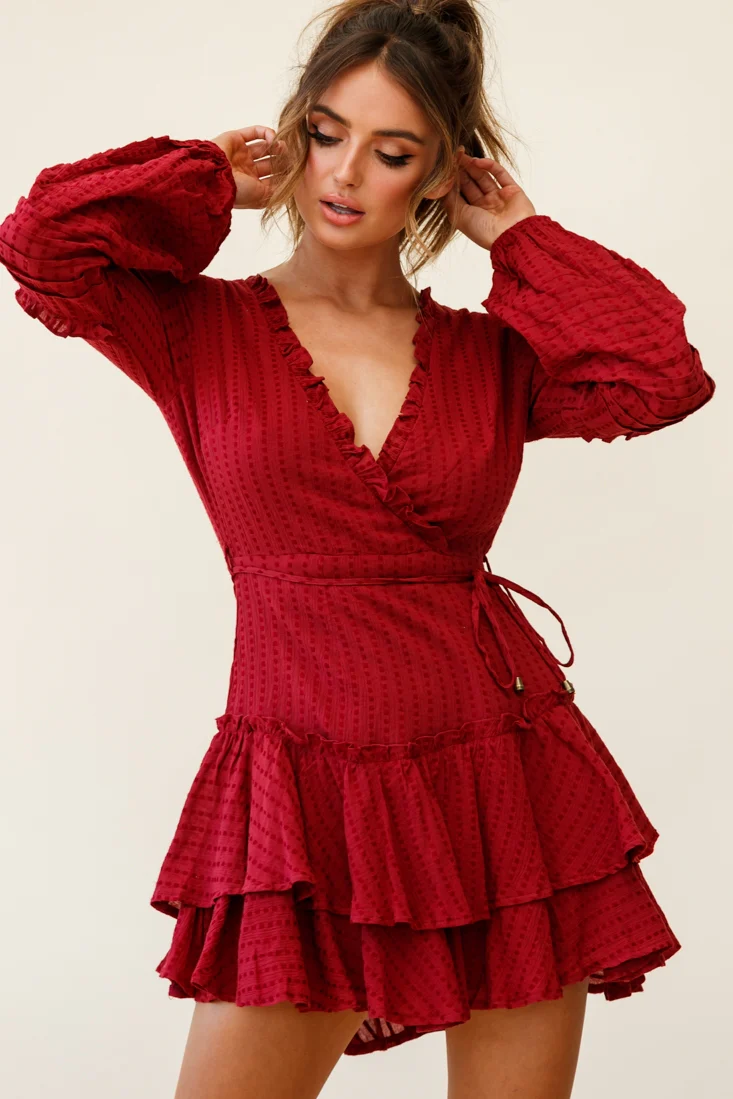 Neve Balloon Sleeve Layered Ruffle Hem Dress Wine - Image 5