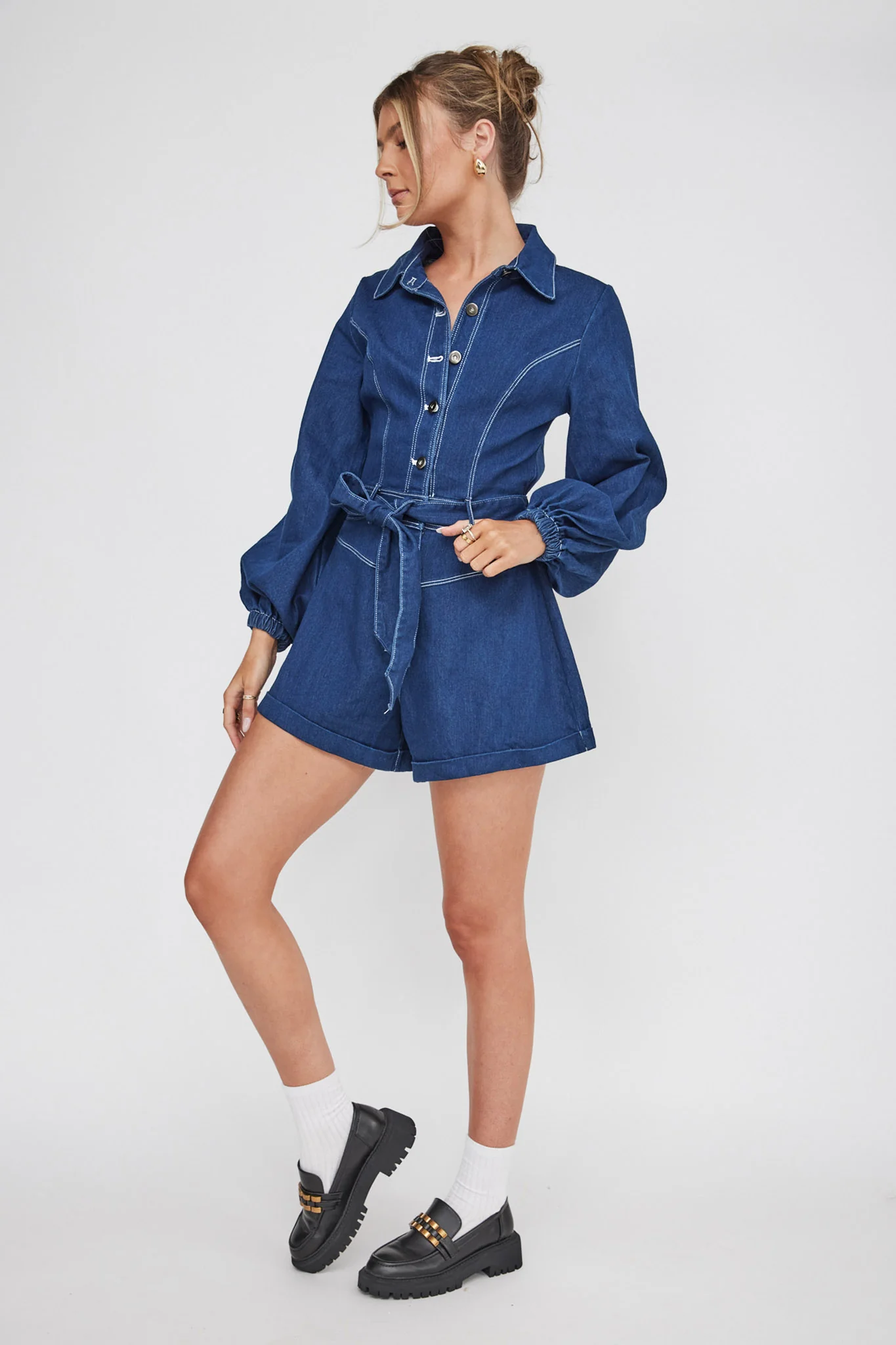 New Day Long Sleeve Button-Up Romper Indigo - Image 4