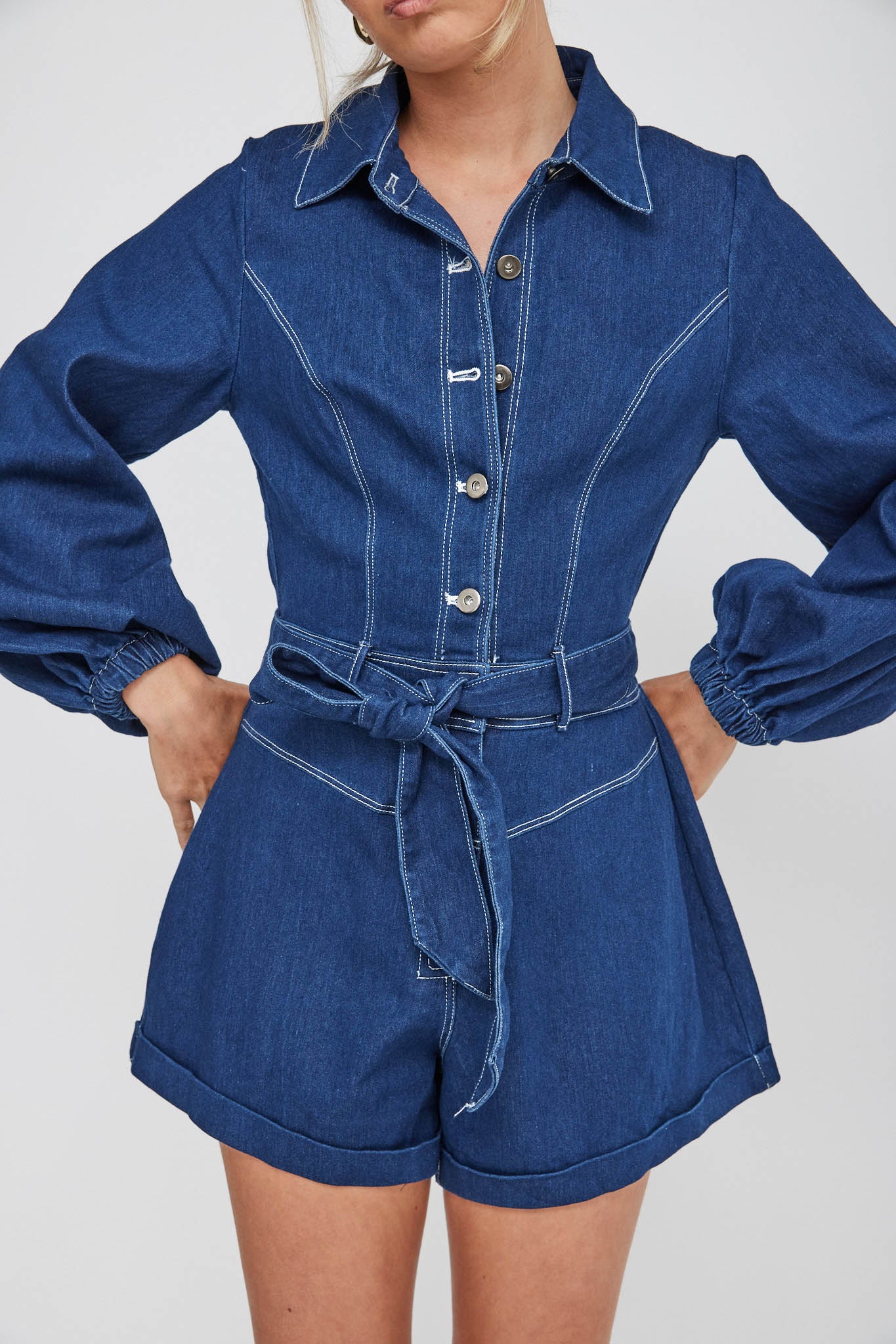 New Day Long Sleeve Button-Up Romper Indigo - Image 5