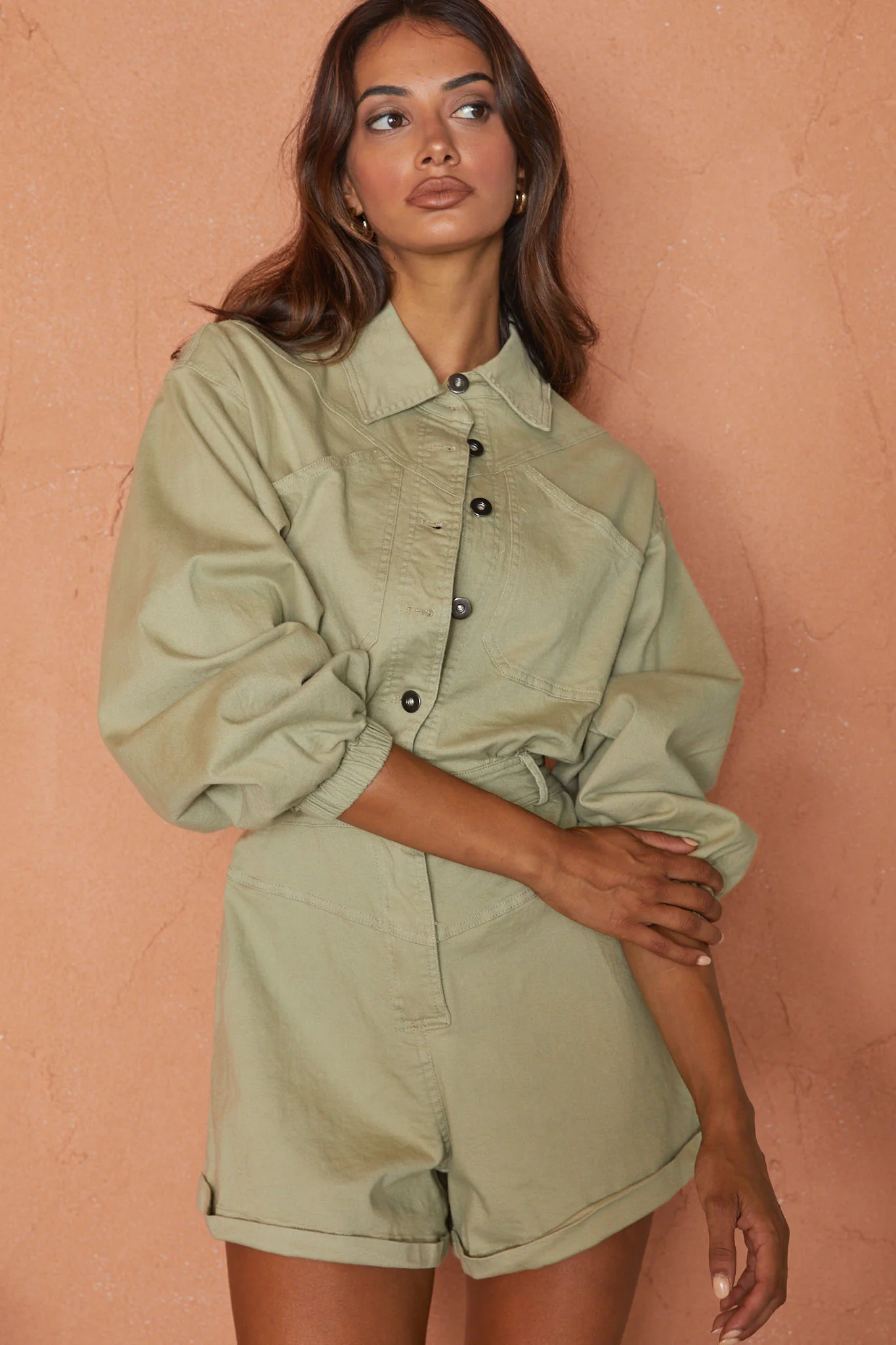 New Day Long Sleeve Button-Up Romper Sage - Image 5