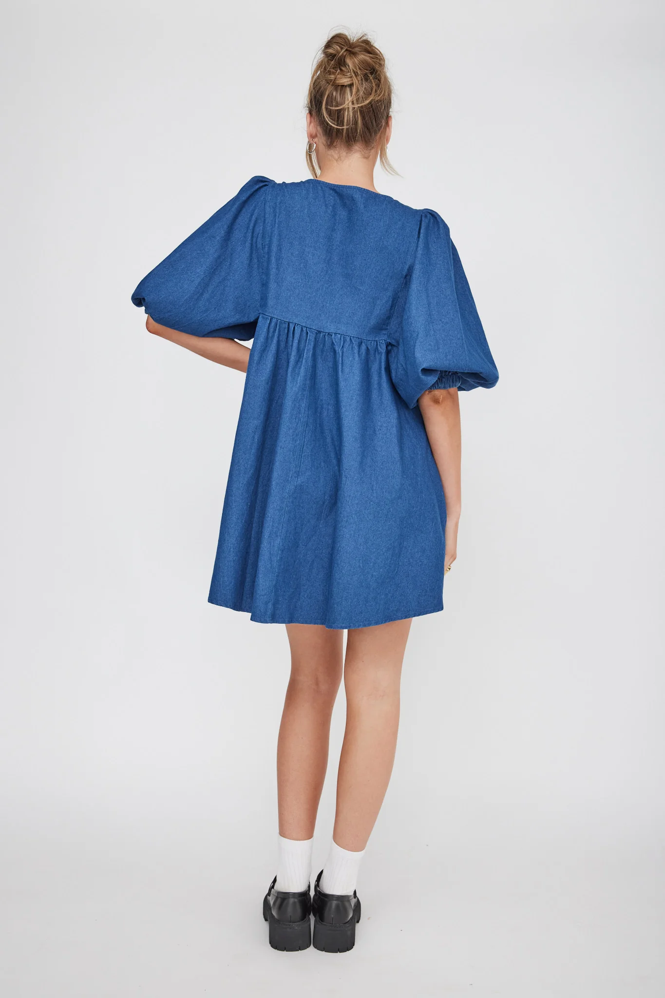 New Haven Puff Sleeve Swing Dress Indigo - Image 2