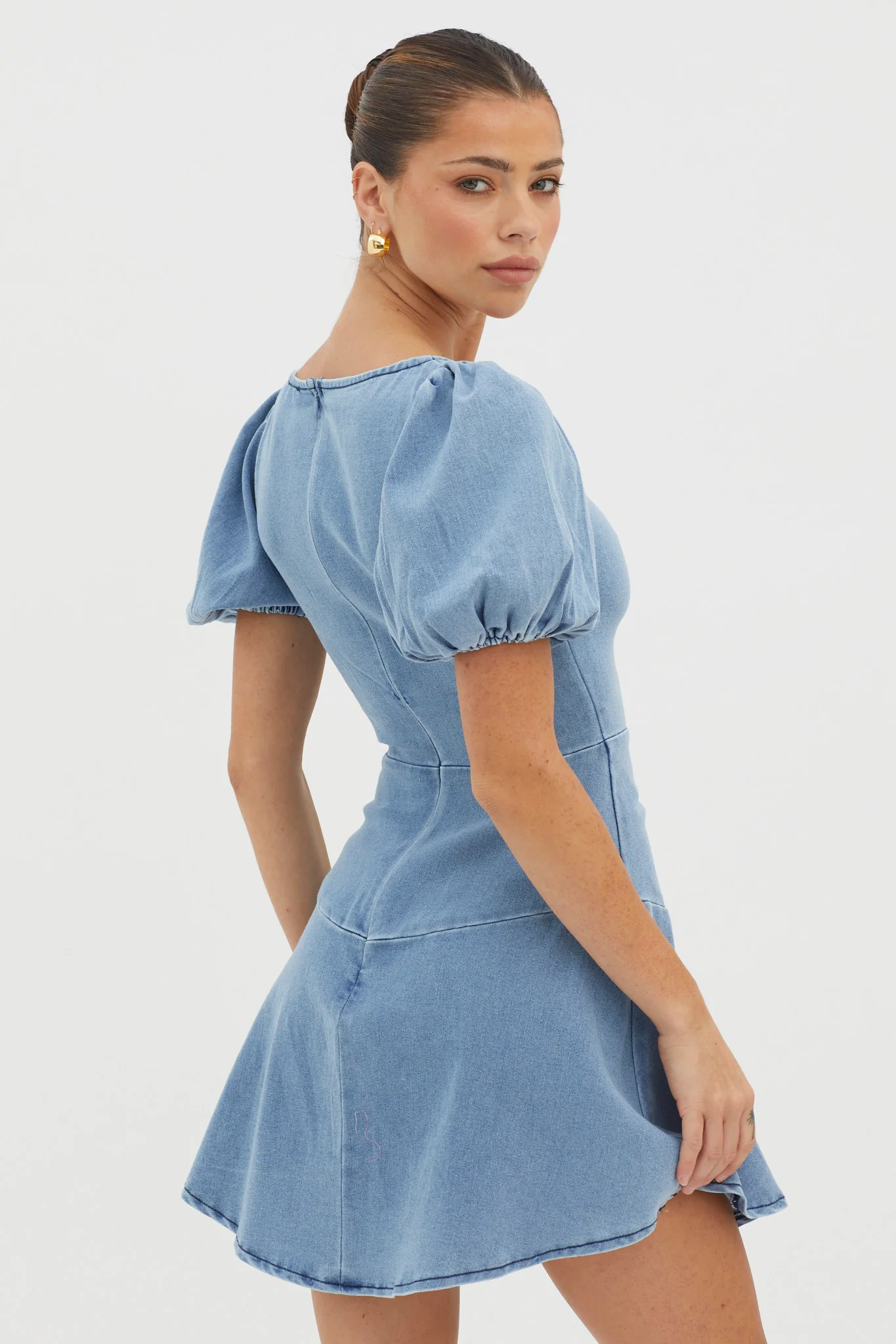 New Heights Puff Sleeve Mini Dress Denim Blue - Image 2