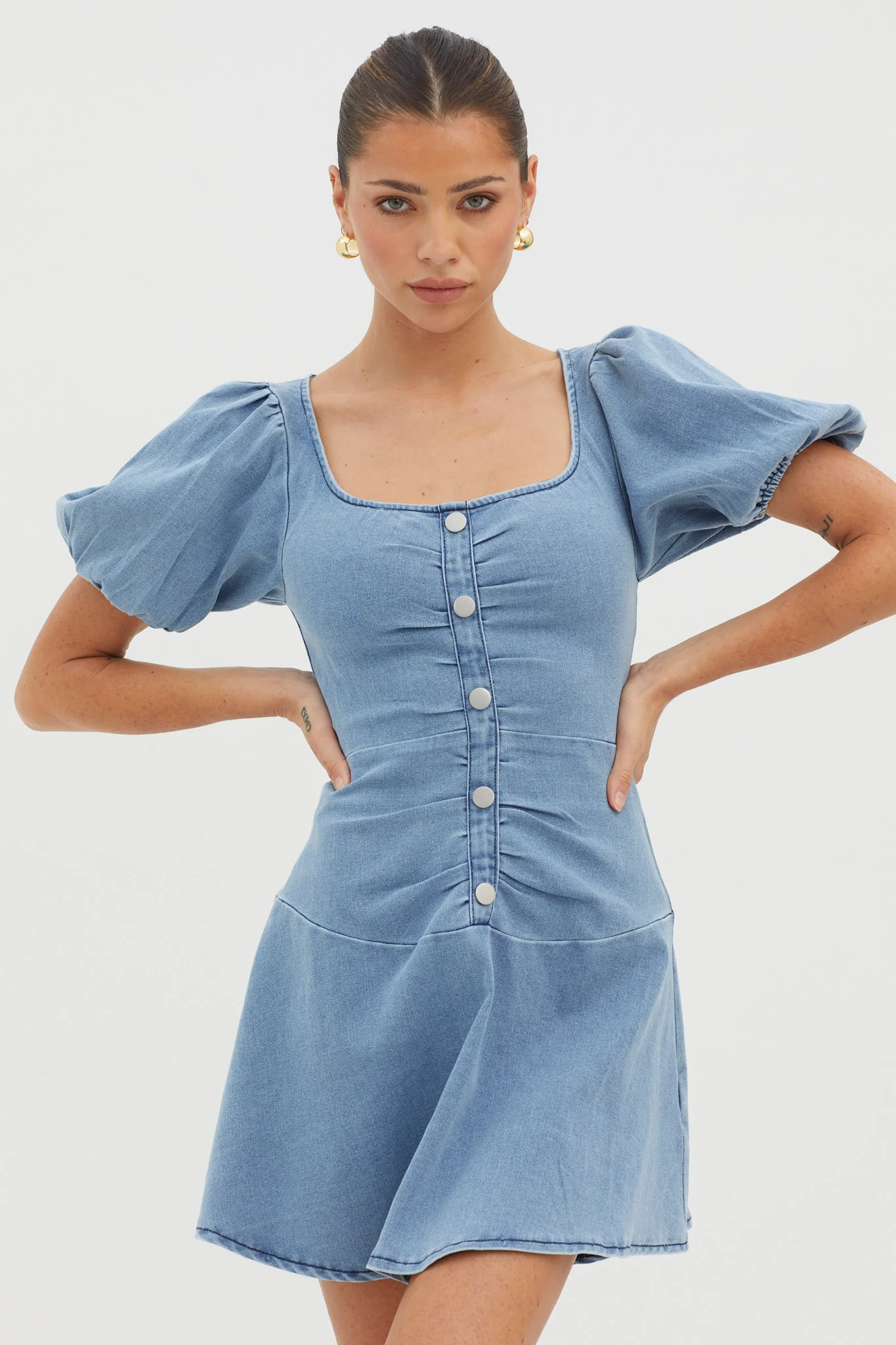 New Heights Puff Sleeve Mini Dress Denim Blue - Image 5