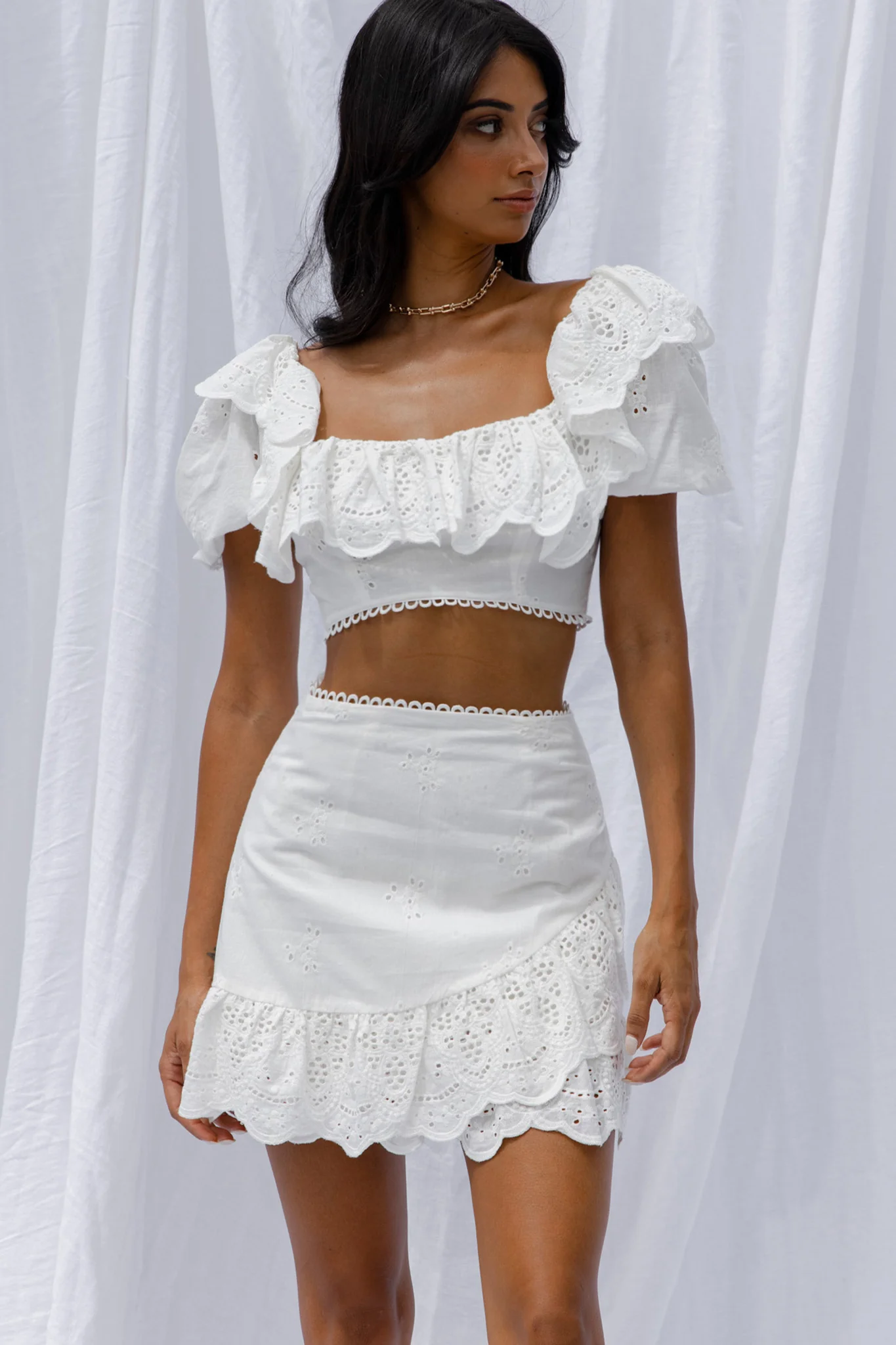New Moon Scalloped Ruffle Trim Eyelet Skirt White - Image 3