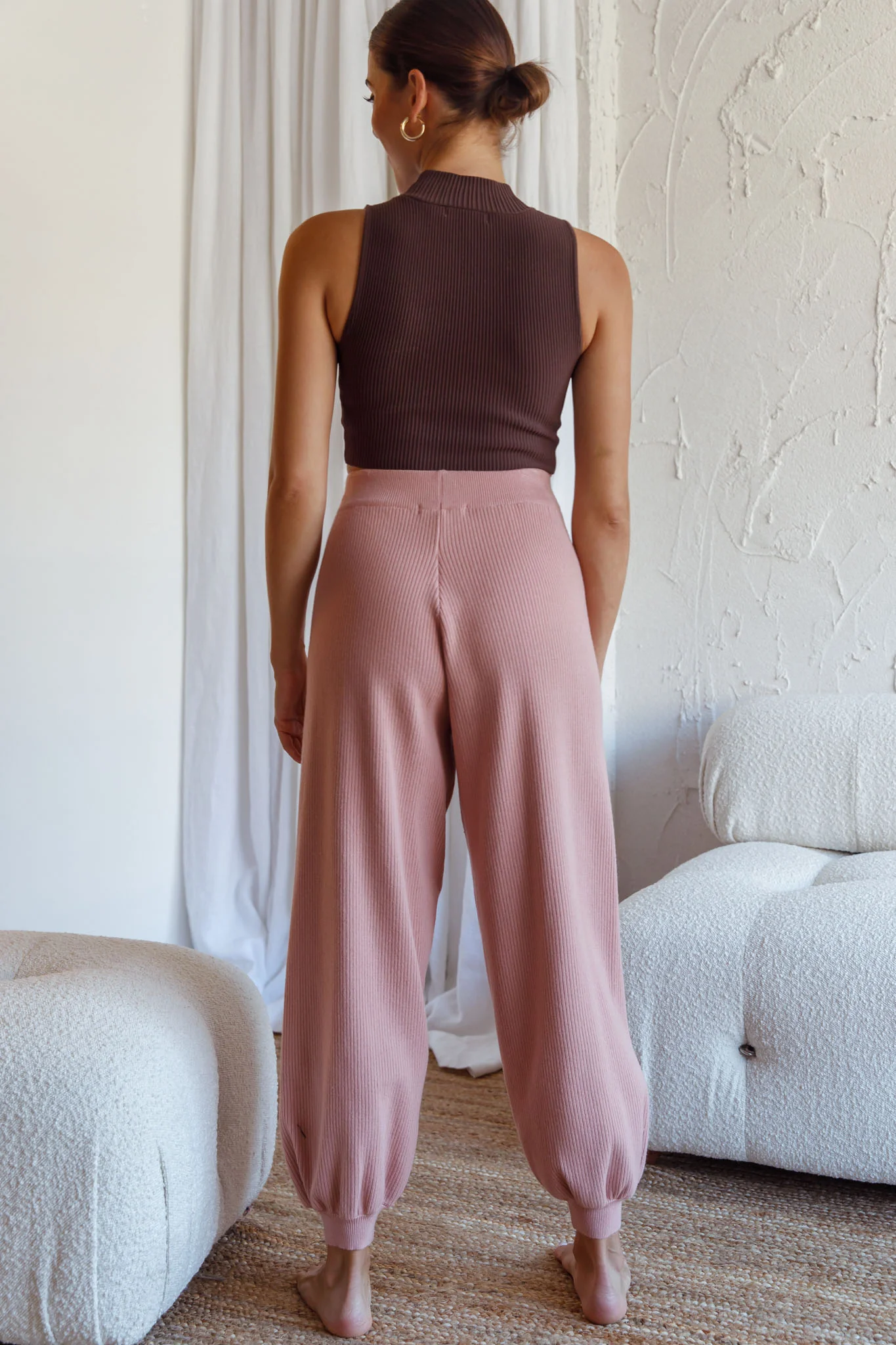 New Soul Drawstring Ribbed Knit Jogger Pants Blush - Image 2